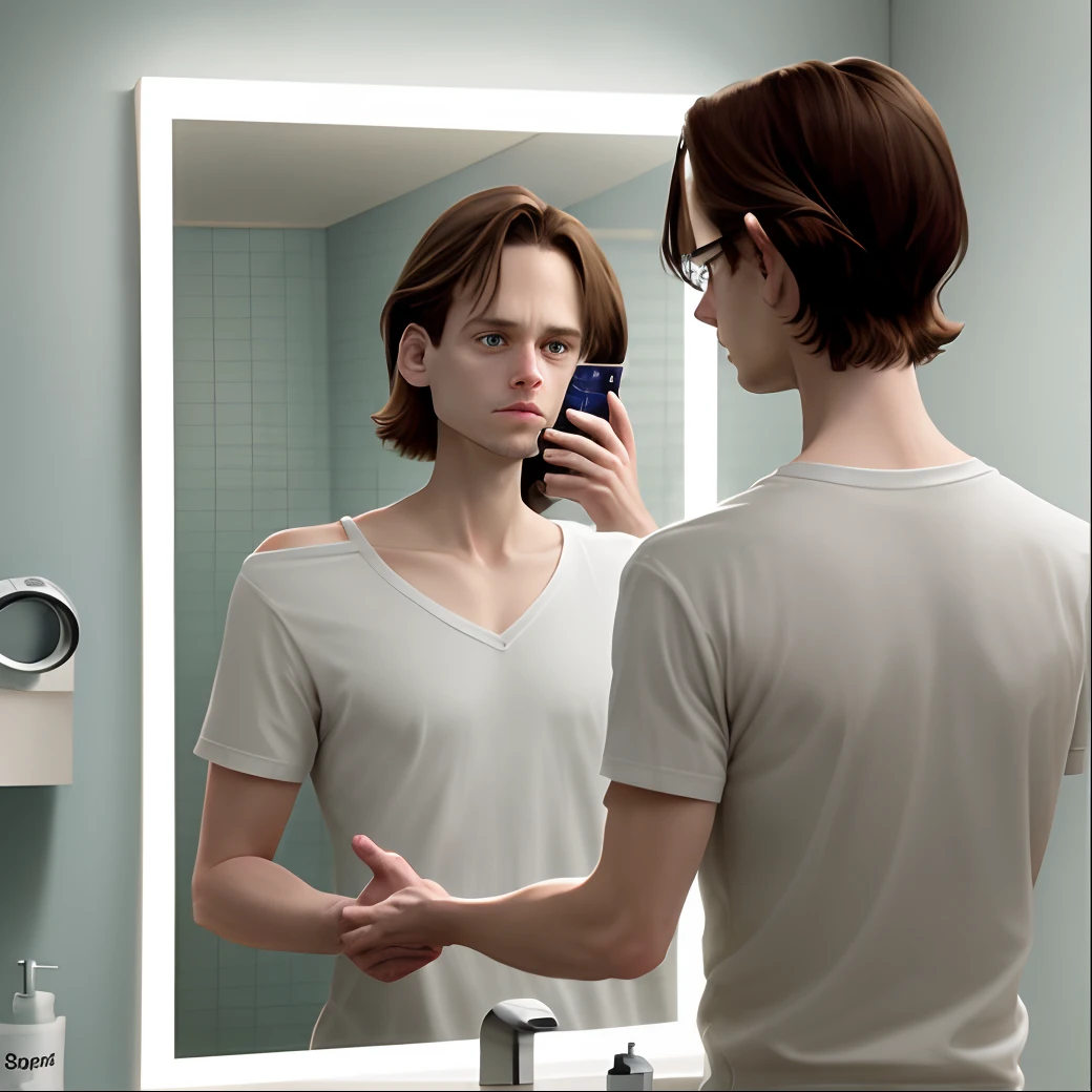 spencer reid in the bathroom in front of a mirror. one hand is holding his phone and the other hand is on the counter. clean shaven. shoulder length slightly wavy hair. dim lighting.