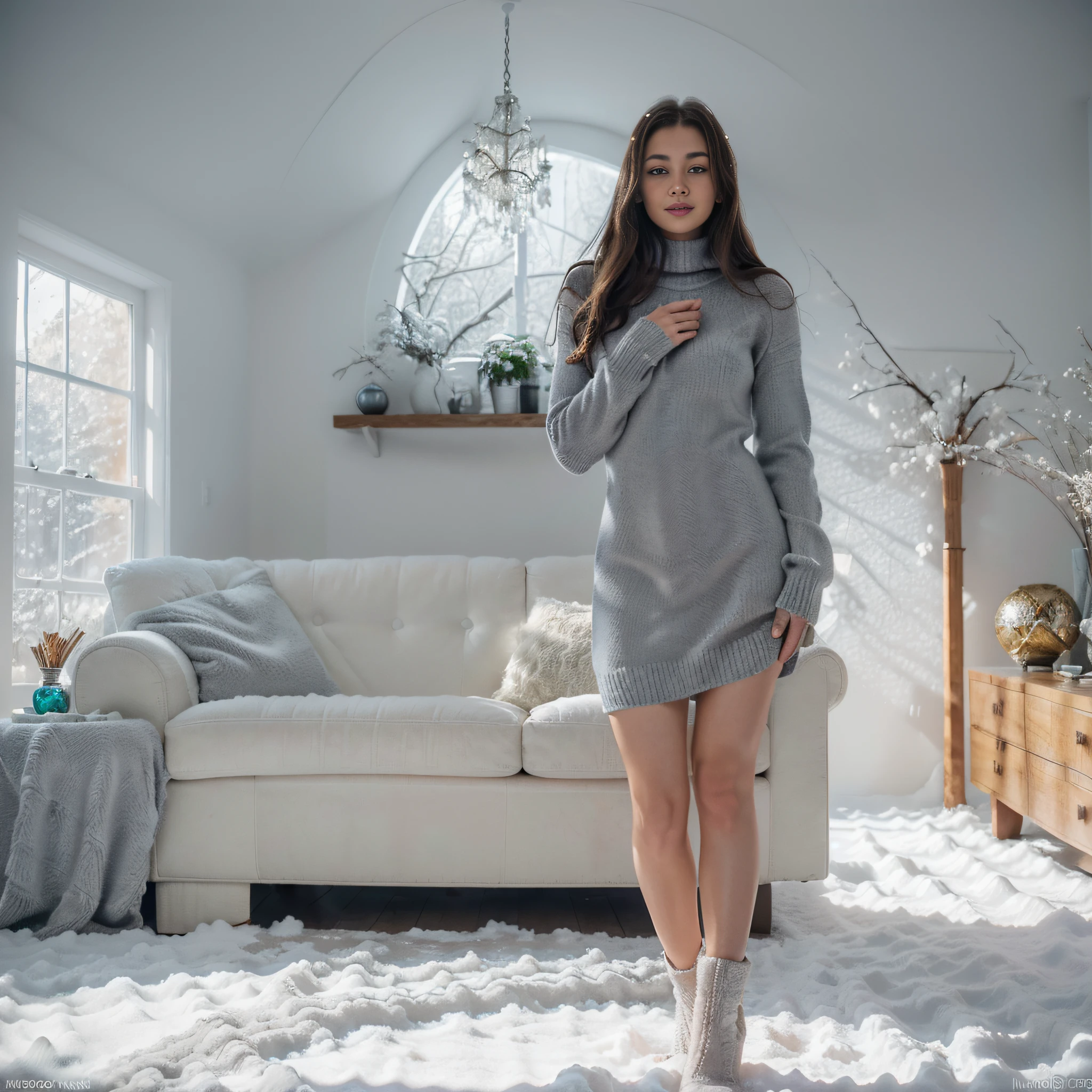 drinking hot coffee, Masterpiece, (((full figure supermodel visible full body shot))), (((magical lighting action shot))) (((beautiful fit pale smiling Grey eyes goddess Ukraine woman standing in living room surrounded by snowy wonderland in heaven vast fantasy landscape))), (((winter snow comfy sweater dress, looking into the camera))) , ((( brunette hair, accurate hands accurate eyes))) moody lighting, blue hour, blue colors, very detailed, dramatic lighting, digital art trending on Artstation 8k HD high definition detailed realistic, detailed, skin texture, hyper detailed, realistic skin texture, armature, best quality, ultra high res, (photorealistic:1.4), high resolution, detailed, raw photo, sharp re, nikon d850 film stock photograph 4 kodak portra 400 camera f1.6 lens rich colors hyper realistic lifelike texture dramatic lighting unrealengine trending on artstation cinestill 800, (((accurate female anatomy, perfect eyes))) (((500px, fstoppers, photosight.ru, iso noise)))
