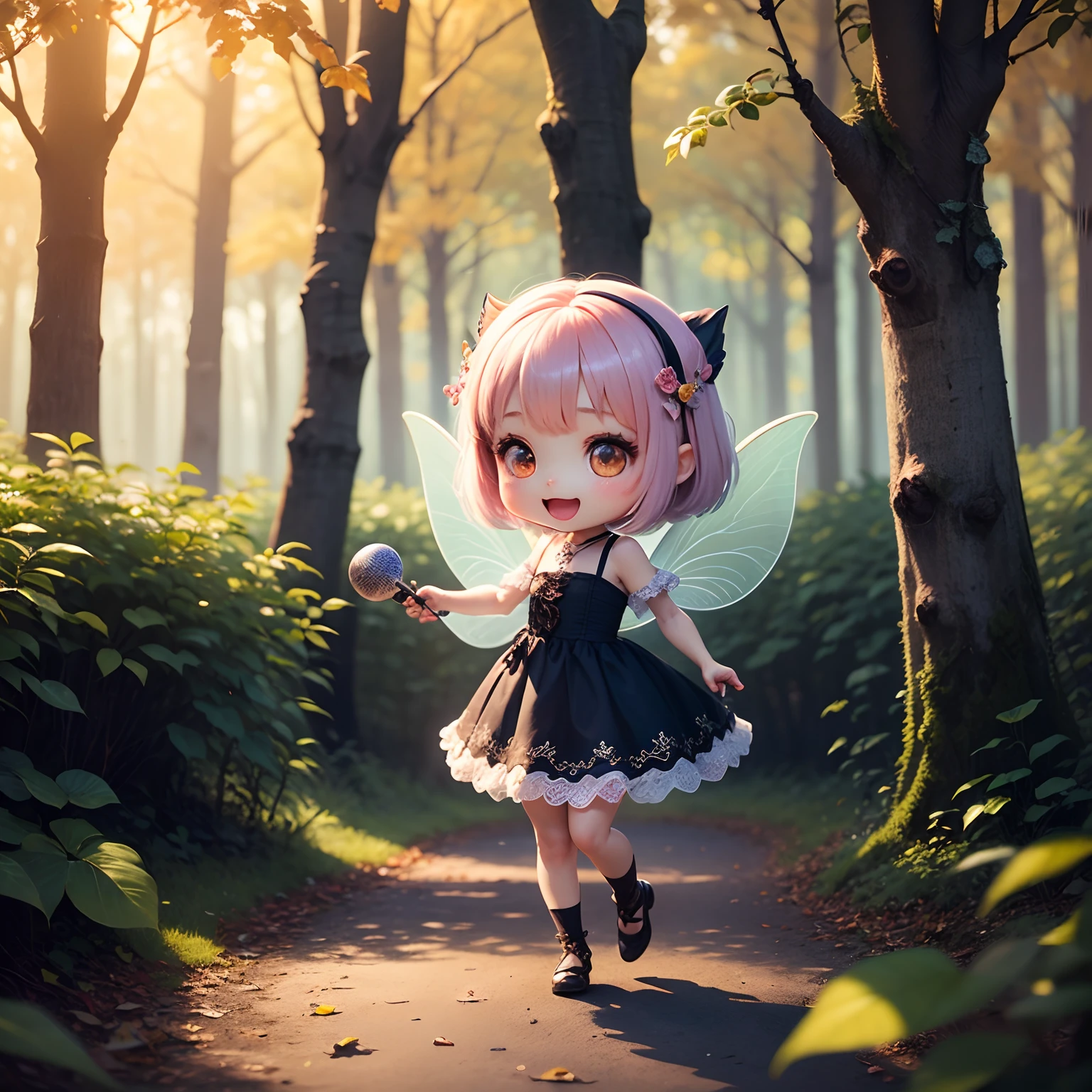 masterpiece、top-quality、ultra-detailliert、(Chibi Chara Fairy:1.2)、White Bob、Lace Knitted Feathers、Lace dress、tambourine、Fairytale autumn forest、Forest Concert、Standing、Open your mouth and smile、Enjoy、dancing
