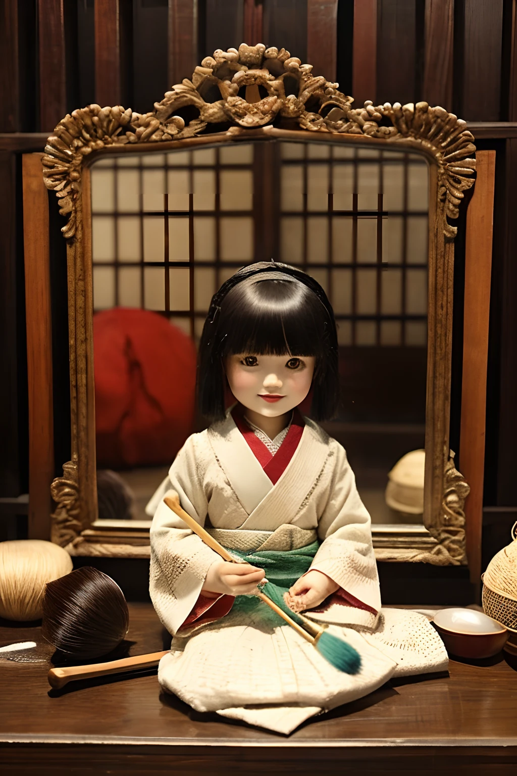 on simple background、Please generate an image of three special grade magic tools of Japan lined up。In the center is、There is an old mirror surrounded by an intricately carved wooden frame,、On its surface you can see an eerie pattern。On one side of the mirror、There is a bloody brush that feels worn-out.、Draw a crimson liquid dripping from the tip of the brush。On the other hand,、There is an old doll dressed in Japanese clothes.、Express that eerie smile and enigmatic aura。These items are、Describe each of them as giving off their own power and mystery。