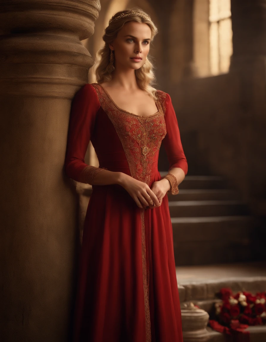 Cinematic portrait, ((medium body)), facing the audience, (Reality :1.3), the world's most beautiful artwork photo, a 20 years young charlize theron like Brook Shields smiling looking into the camera, European medieval court red golden lace dress, gorgeous, soft gauze, detailed beautiful face, light blond haired girl, with red rose hairpin on the side , action shooting, (intricate :1.4), medieval court background, Photo realistic, CG, art station