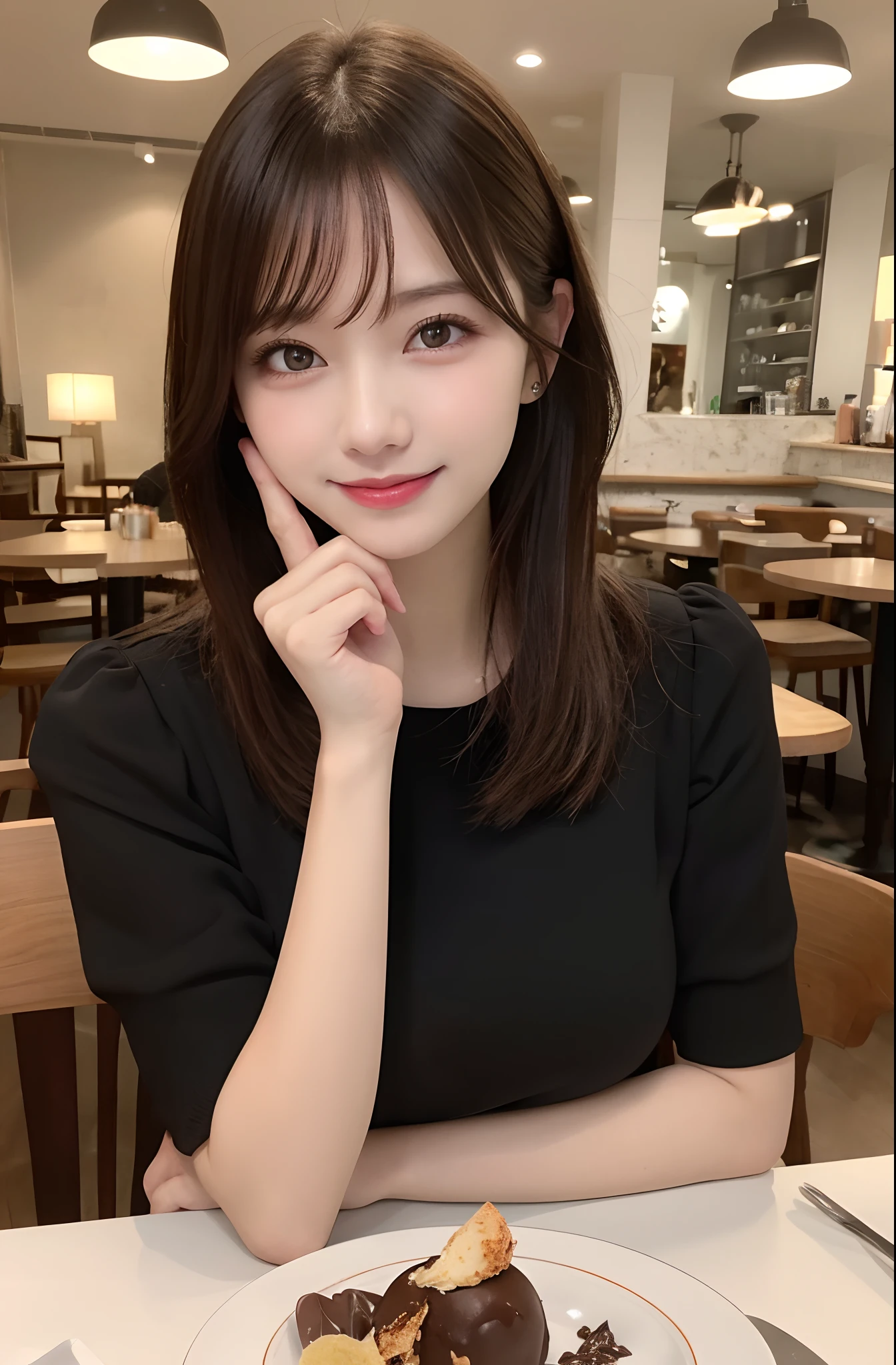 masutepiece, Best Quality, Illustration, Ultra-detailed, finely detail, hight resolution, 8K Wallpaper, Perfect dynamic composition, 1 beautiful girl, Beautiful detailed eyes, Girly blouse, Medium Hair, Normal breasts, Natural Color Lip, Random Poses, Smile, Open mouth:0.8, fashionable cafe, 20 years girl, sit, Chocolate parfait on the table,
