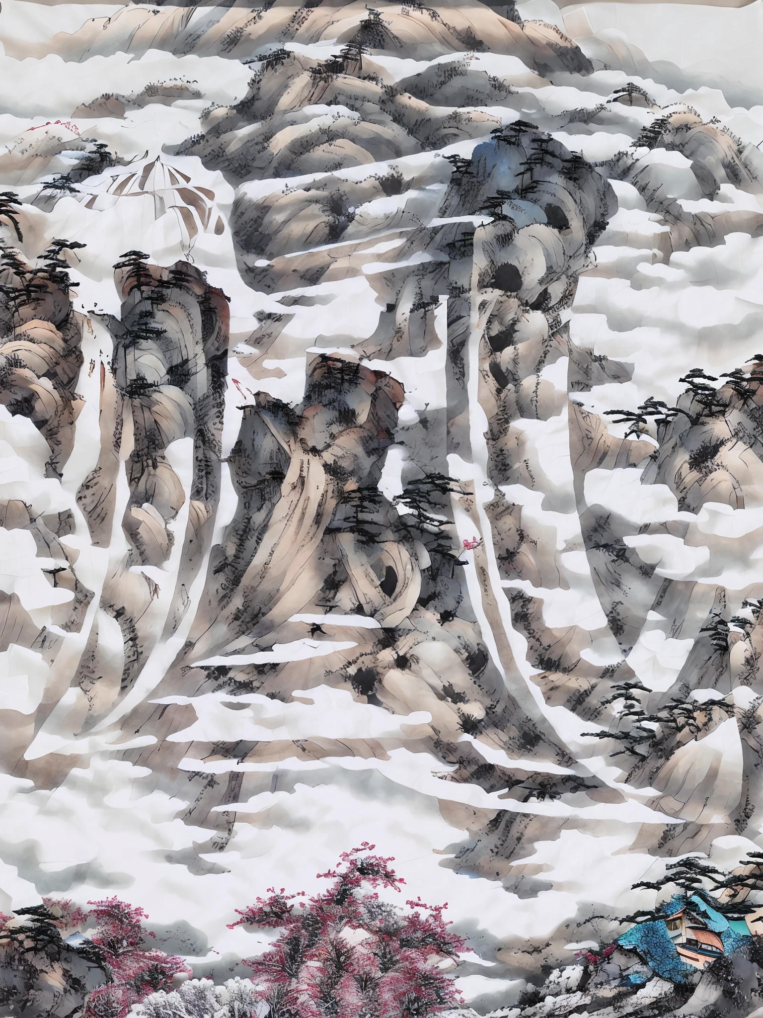 ((masterpiece)), ((best quality)), ((high-res)),((extremly details)), ((Ink wash)), ((artist)), a painting of longly mountain and pine_tree, 分支, no_humans, 户外, 风景, 鸟类, 瀑布,河流, 靛蓝颜料, zulishisong_style_mountains