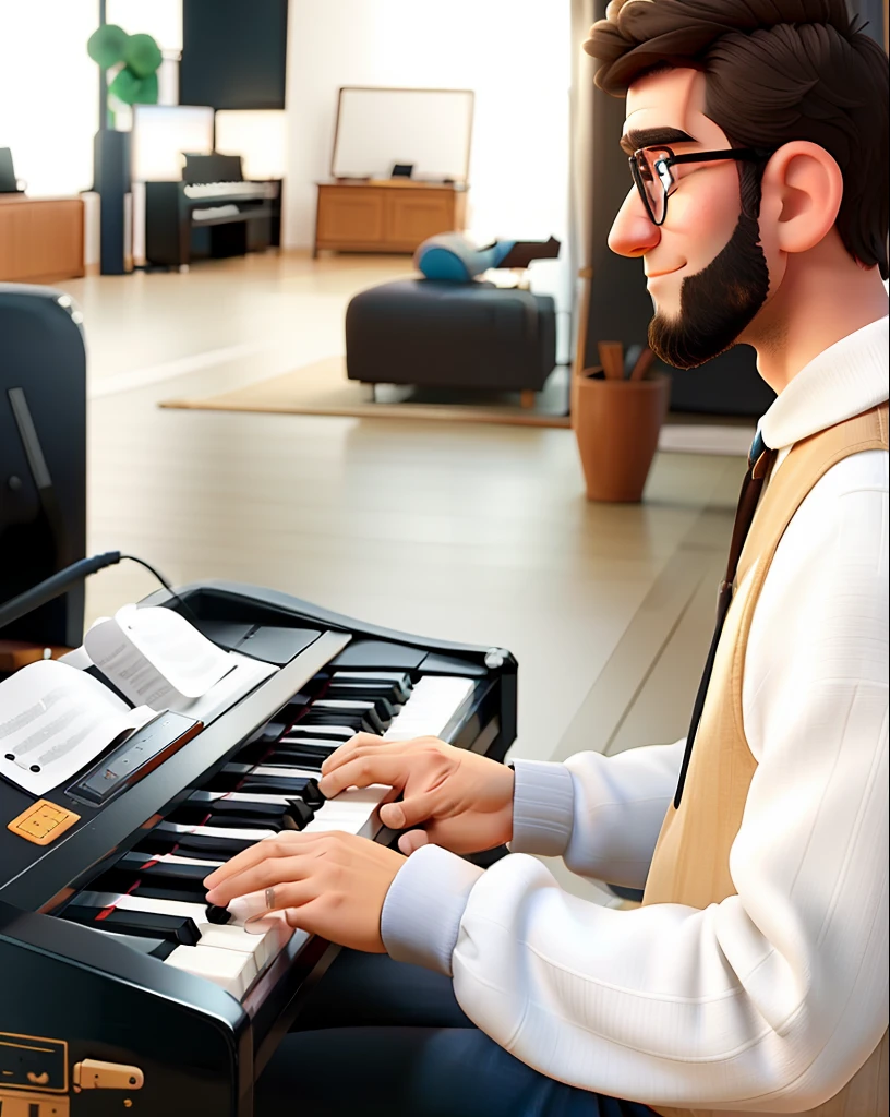 there is a man that is playing a keyboard in a room, tecladista, jamming to music, masterful composition!!!, music being played, pianista, tocando piano, Executar, Capturado no iPhone, Tiro no iPhone 6, piano ao fundo, Usando sintetizador, Apresentando-se no palco, personagem desenho animado Pixar