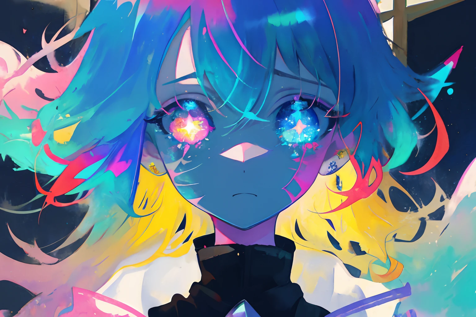 close-up, watercolor, vibrant, pastel, bright glowing pupils, big eyes, eyes, ((starry pupils)),  marks on face, face tattoos, sad face, tears, scars, contrast, high contrast, dark streaks,