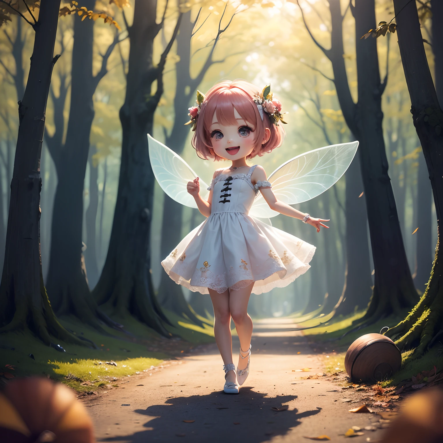 ​masterpiece、top-quality、ultra-detailliert、(Chibi Chara Fairy:1.2)、White Bob、Lace Knitted Feathers、White lace dress、tambourine、Fairytale autumn forest、Forest Concert、Standing、Open your mouth and smile、Enjoy、Dancing