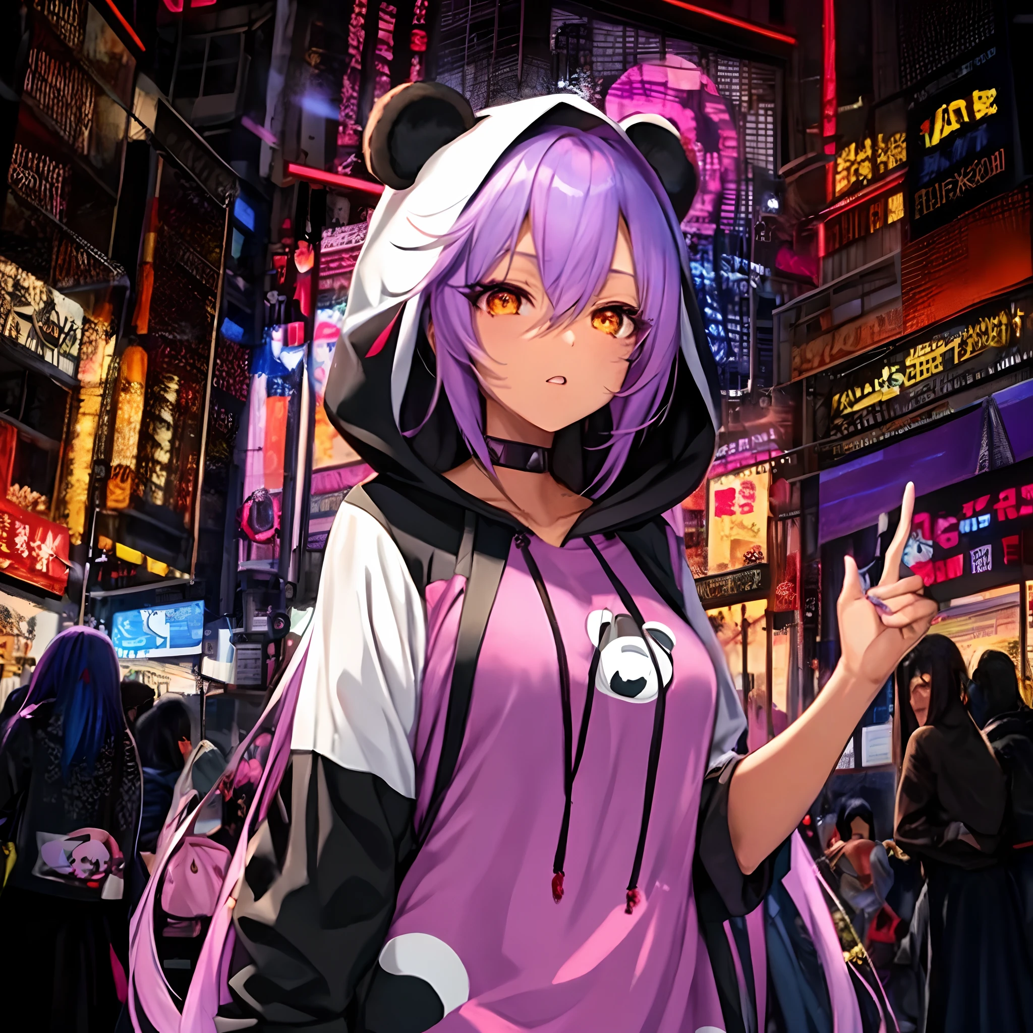 Chica anime con una sudadera con capucha panda y vestido rosa, Arte digital piel bronceada, cabello azul y morado, ojos amarillos, vampiro, piel bronceada