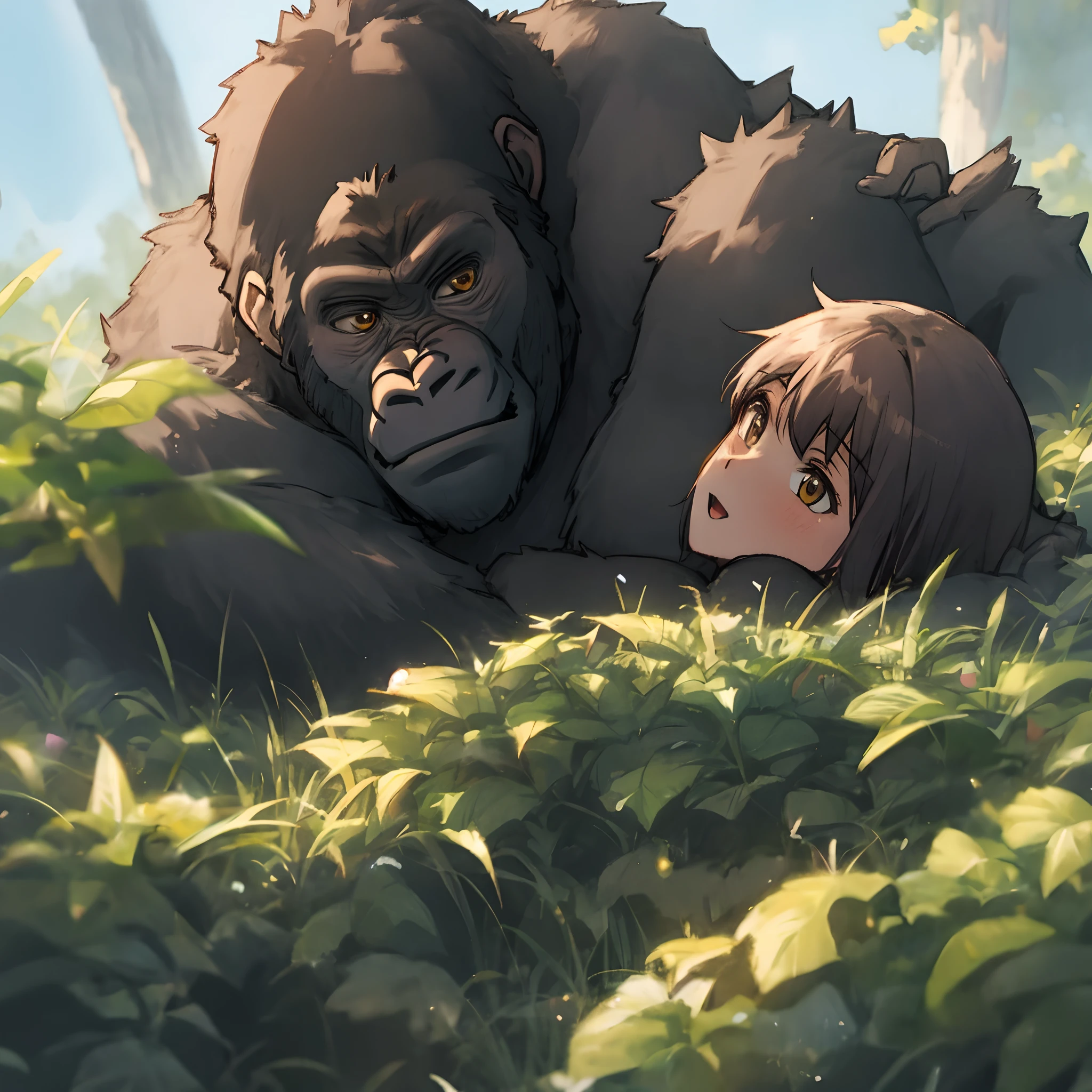 King Kong and beauty，nude, jungles，full bodyesbian，Long-range，of a real，Facial features are carefully depicted，Realistic skin texture，Dark style，depth of fields，high light，Real light，Ray traching，oc rendered，Hyper-realistic，best qualtiy，8K，Works of masters，super-fine，Detailed pubic hair，Correct anatomy，sharp focus on eyes，Bokeh，Facial features are carefully depicted