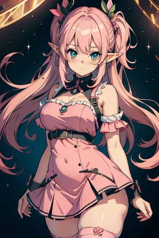ultra realista 8k CG, master part, 1girl, cute face, thick thighs, cute elf dress, pink theme