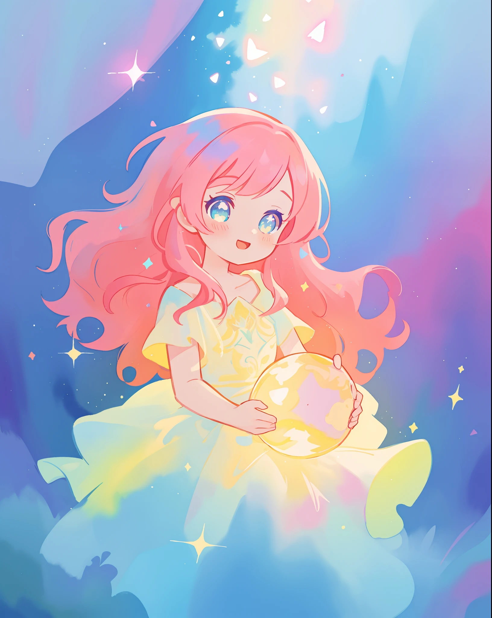 beautiful girl in sparkling gradient ballgown, long wavy peach pink hair, vibrant pastel colors, (colorful), colorful watercolor background, ethereal, magical lights, sparkling liquid light, inspired by Glen Keane, inspired by Lois van Baarle, disney art style, by Lois van Baarle, glowing aura around her, by Glen Keane, jen bartel, glowing lights! digital painting, flowing glowing hair, glowing flowing hair, beautiful digital illustration, fantasia background, whimsical, magical, fantasy, beautiful face, ((masterpiece, best quality)), intricate details, highly detailed, sharp focus, 8k resolution, sparkling detailed eyes, liquid watercolor