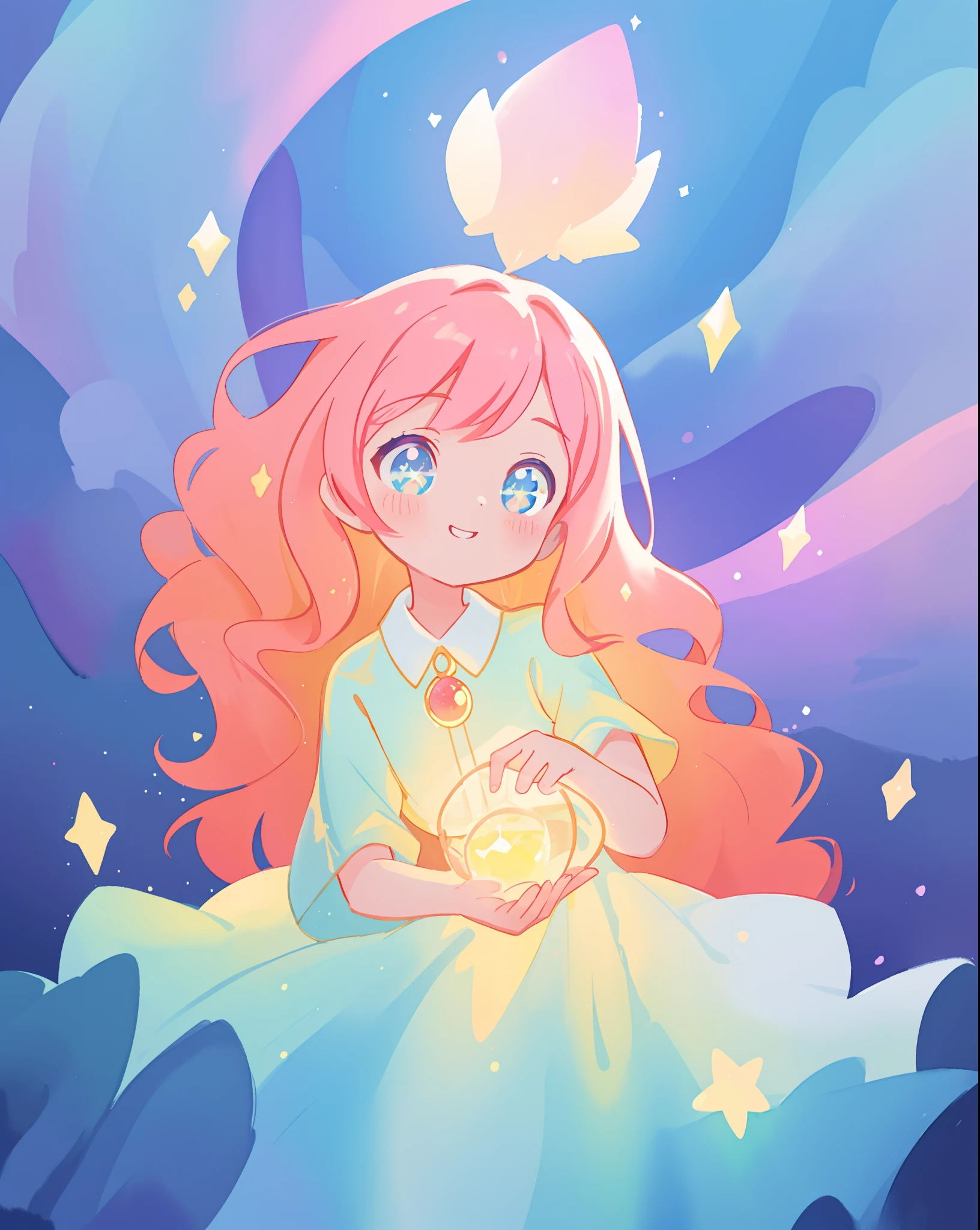beautiful girl in sparkling gradient ballgown, long wavy peach pink hair, vibrant pastel colors, (colorful), colorful watercolor background, ethereal, magical lights, sparkling liquid light, inspired by Glen Keane, inspired by Lois van Baarle, disney art style, by Lois van Baarle, glowing aura around her, by Glen Keane, jen bartel, glowing lights! digital painting, flowing glowing hair, glowing flowing hair, beautiful digital illustration, fantasia background, whimsical, magical, fantasy, beautiful face, ((masterpiece, best quality)), intricate details, highly detailed, sharp focus, 8k resolution, sparkling detailed eyes, liquid watercolor