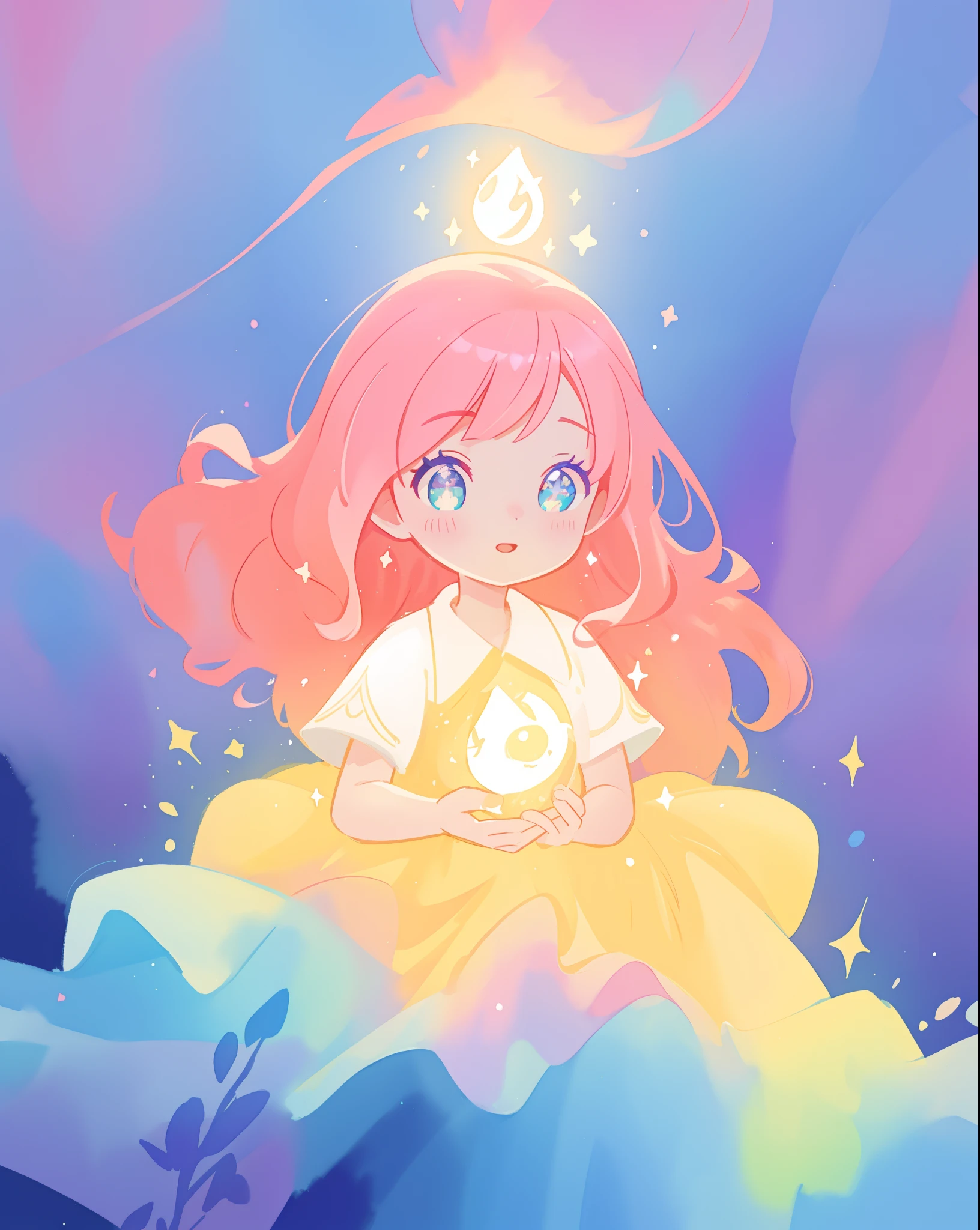 beautiful girl in sparkling gradient ballgown, long wavy peach pink hair, vibrant pastel colors, (colorful), colorful watercolor background, ethereal, magical lights, sparkling liquid light, inspired by Glen Keane, inspired by Lois van Baarle, disney art style, by Lois van Baarle, glowing aura around her, by Glen Keane, jen bartel, glowing lights! digital painting, flowing glowing hair, glowing flowing hair, beautiful digital illustration, fantasia background, whimsical, magical, fantasy, beautiful face, ((masterpiece, best quality)), intricate details, highly detailed, sharp focus, 8k resolution, sparkling detailed eyes, liquid watercolor