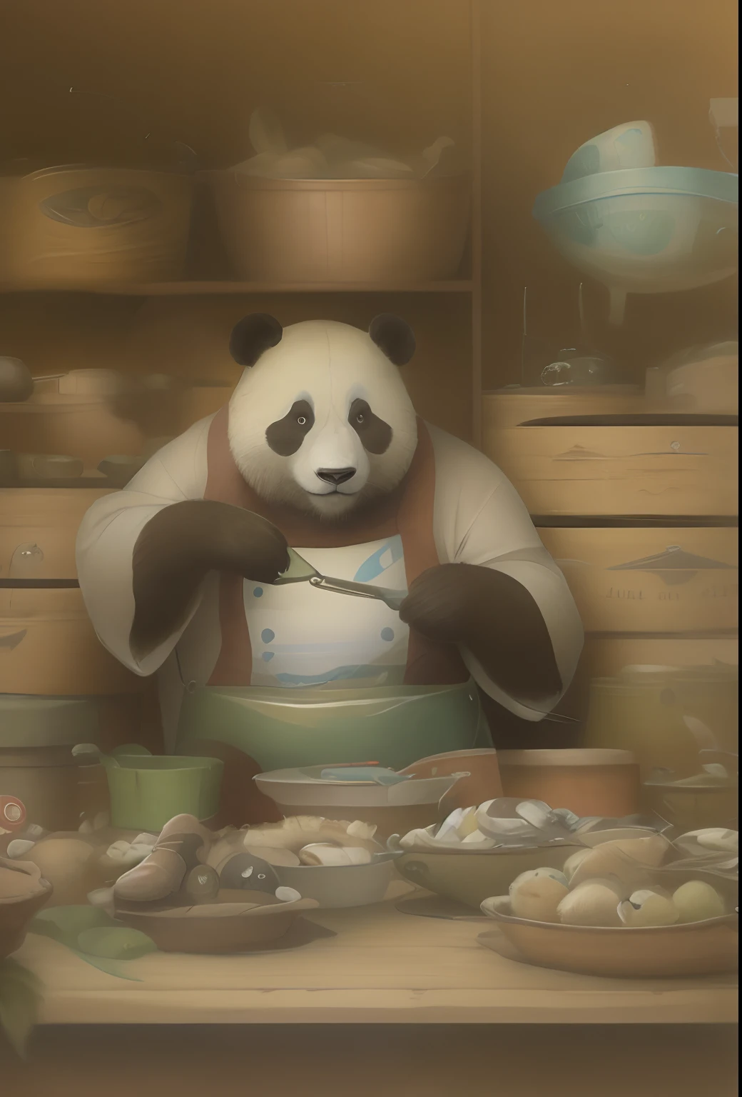 Jean-Baptiste Monge's painting of a large panda, Dressed in fishing boots with fishing tackle, On a summer day in a meadow a bucket of fish, , jean - baptiste monge, anthropomorphic --ar 2:3 --testp -optimistic;