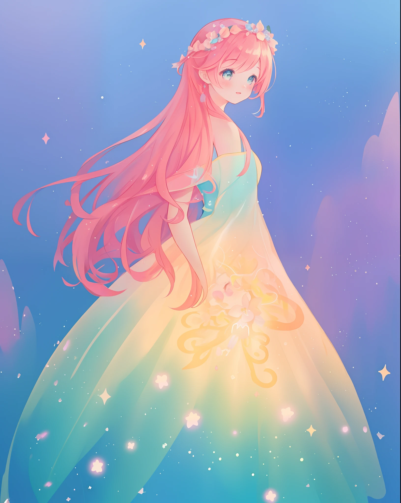 beautiful girl in sparkling gradient ballgown, long wavy peach pink hair, vibrant pastel colors, (colorful), colorful watercolor background, ethereal, magical lights, sparkling liquid light, inspired by Glen Keane, inspired by Lois van Baarle, disney art style, by Lois van Baarle, glowing aura around her, by Glen Keane, jen bartel, glowing lights! digital painting, flowing glowing hair, glowing flowing hair, beautiful digital illustration, fantasia background, whimsical, magical, fantasy, beautiful face, ((masterpiece, best quality)), intricate details, highly detailed, sharp focus, 8k resolution, sparkling detailed eyes, liquid watercolor