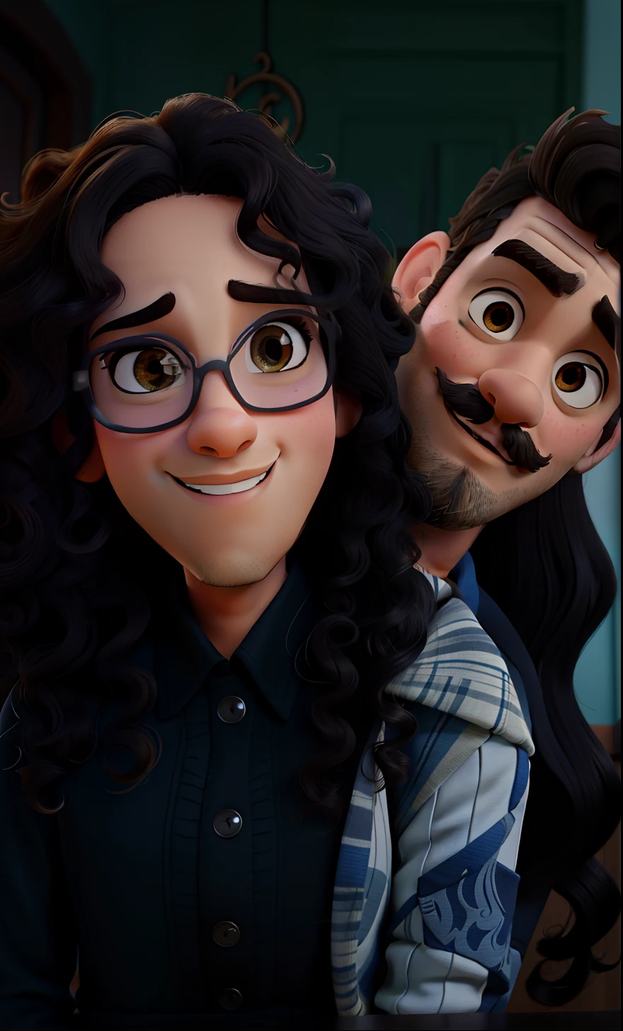 Casal estilo disney pixar melhor qualidade alta qualidade. Mixed-race man, curly hair, beard, mustache and brunette woman, black eyes, long curly hair