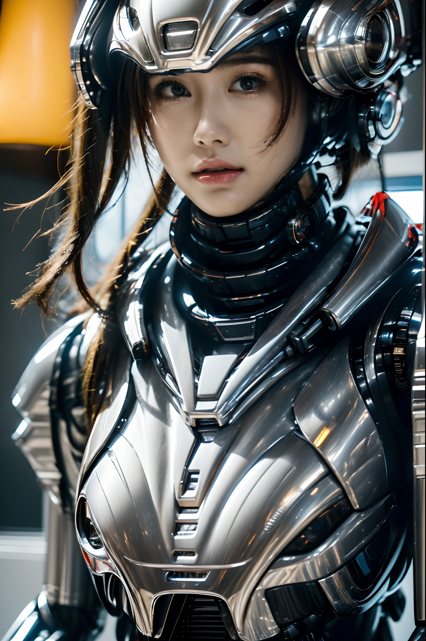 There is a woman wearing a helmet in a futuristic suit, girl in mecha cyber armor, Retrato Armored Astronauta ******, perfect anime cyborg woman, female mecha, girl wearing robotic suit, Cute cyborg girl, beautiful girl cyborg, cosplayer dressed like a crab, japanese cyborg, perfect cyborg female, portrait anime space cadet girl, belle fille cyborg