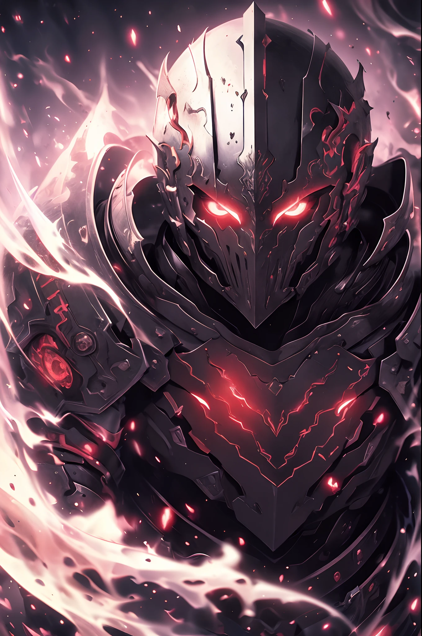 ((Best Quality, 8K, Masterpiece)), 1 fallen cosmic knight, black armor, cloak of shadows, glowing red eyes, ethereal body, malevolent aura, black sky, overwhelming darkness, dark hue, red hue, limited palette, flat color