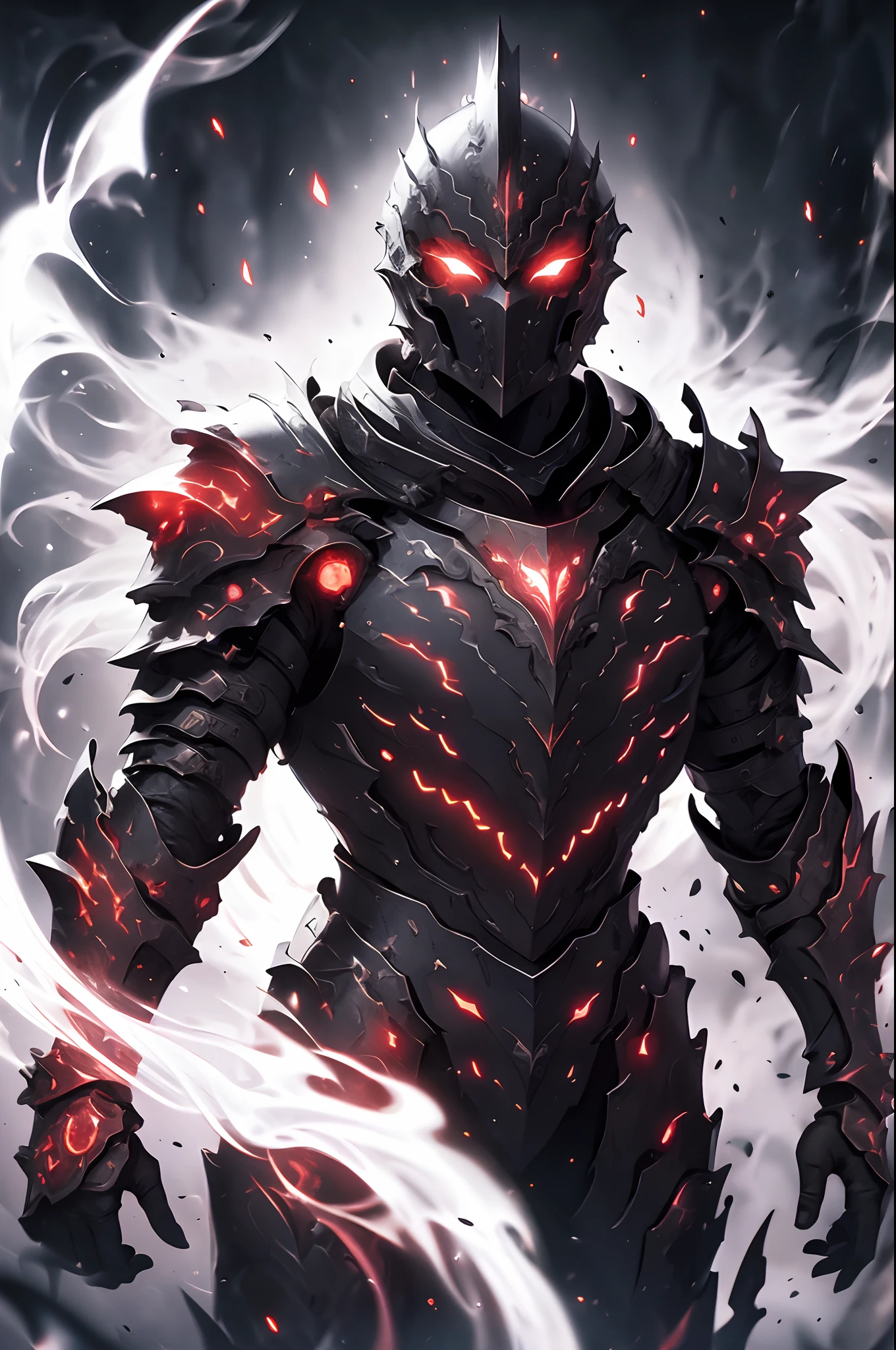 ((Best Quality, 8K, Masterpiece)), 1 fallen cosmic knight, black armor, cloak of shadows, glowing red eyes, ethereal body, malevolent aura, black sky, overwhelming darkness, dark hue, red hue, limited palette, flat color