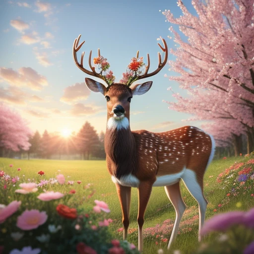 A cute picture of a deer surrounded by beautiful flowers on the grass, 8K resolution concept image (complex intricate details: 1.2), beautiful eyes, sunlight, (high quality: 1.2), popular on art stations, 8K, absurd, red walls, extremely detailed fur, (close up: 1.1)