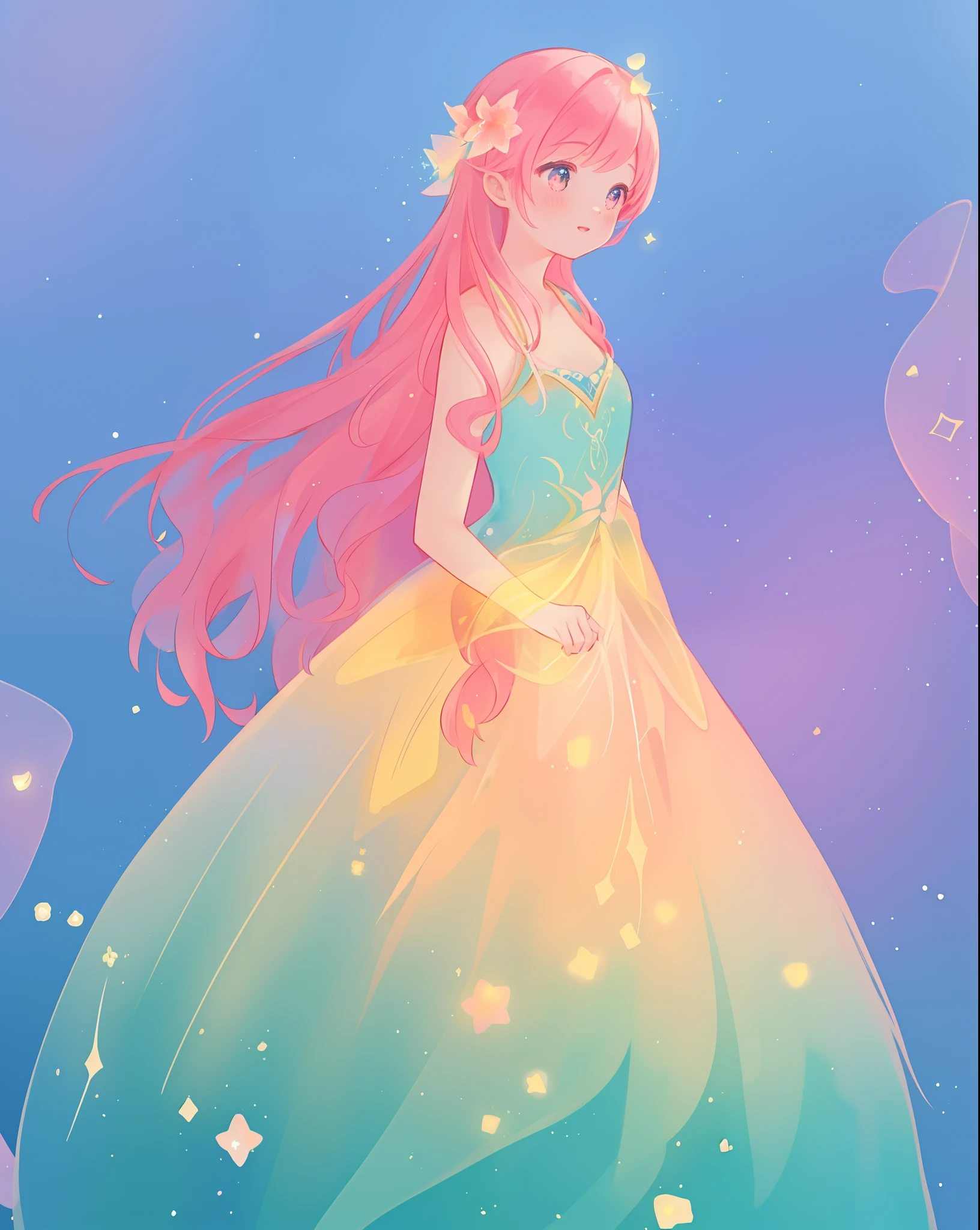 beautiful girl in sparkling gradient ballgown, long wavy peach pink hair, vibrant pastel colors, (colorful), colorful watercolor background, ethereal, magical lights, sparkling liquid light, inspired by Glen Keane, inspired by Lois van Baarle, disney art style, by Lois van Baarle, glowing aura around her, by Glen Keane, jen bartel, glowing lights! digital painting, flowing glowing hair, glowing flowing hair, beautiful digital illustration, fantasia background, whimsical, magical, fantasy, beautiful face, ((masterpiece, best quality)), intricate details, highly detailed, sharp focus, 8k resolution, sparkling detailed eyes, liquid watercolor