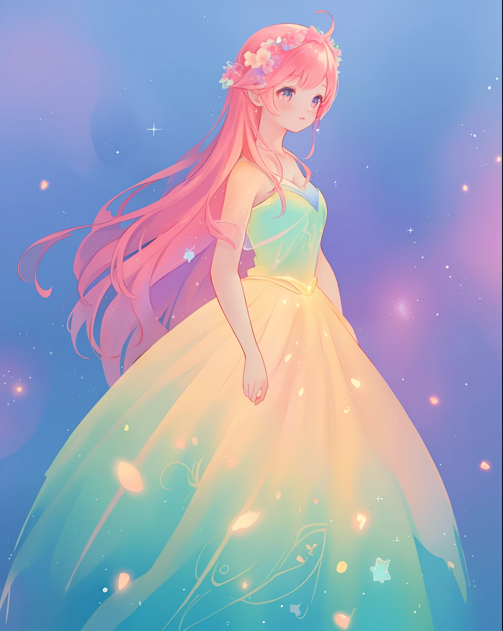 beautiful girl in sparkling gradient ballgown, long wavy peach pink hair, vibrant pastel colors, (colorful), colorful watercolor background, ethereal, magical lights, sparkling liquid light, inspired by Glen Keane, inspired by Lois van Baarle, disney art style, by Lois van Baarle, glowing aura around her, by Glen Keane, jen bartel, glowing lights! digital painting, flowing glowing hair, glowing flowing hair, beautiful digital illustration, fantasia background, whimsical, magical, fantasy, beautiful face, ((masterpiece, best quality)), intricate details, highly detailed, sharp focus, 8k resolution, sparkling detailed eyes, liquid watercolor