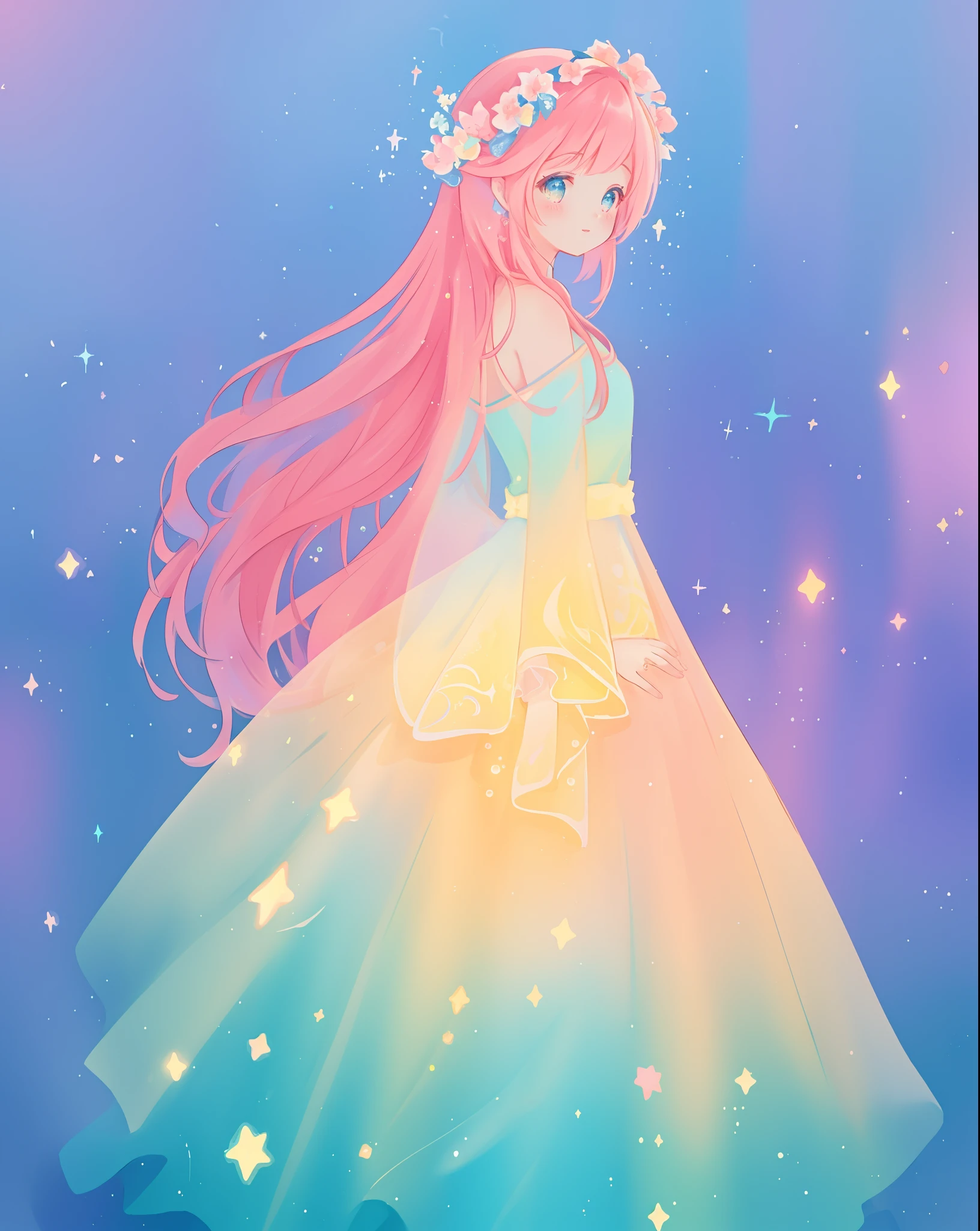 beautiful girl in sparkling gradient ballgown, long wavy peach pink hair, vibrant pastel colors, (colorful), colorful watercolor background, ethereal, magical lights, sparkling liquid light, inspired by Glen Keane, inspired by Lois van Baarle, disney art style, by Lois van Baarle, glowing aura around her, by Glen Keane, jen bartel, glowing lights! digital painting, flowing glowing hair, glowing flowing hair, beautiful digital illustration, fantasia background, whimsical, magical, fantasy, beautiful face, ((masterpiece, best quality)), intricate details, highly detailed, sharp focus, 8k resolution, sparkling detailed eyes, liquid watercolor