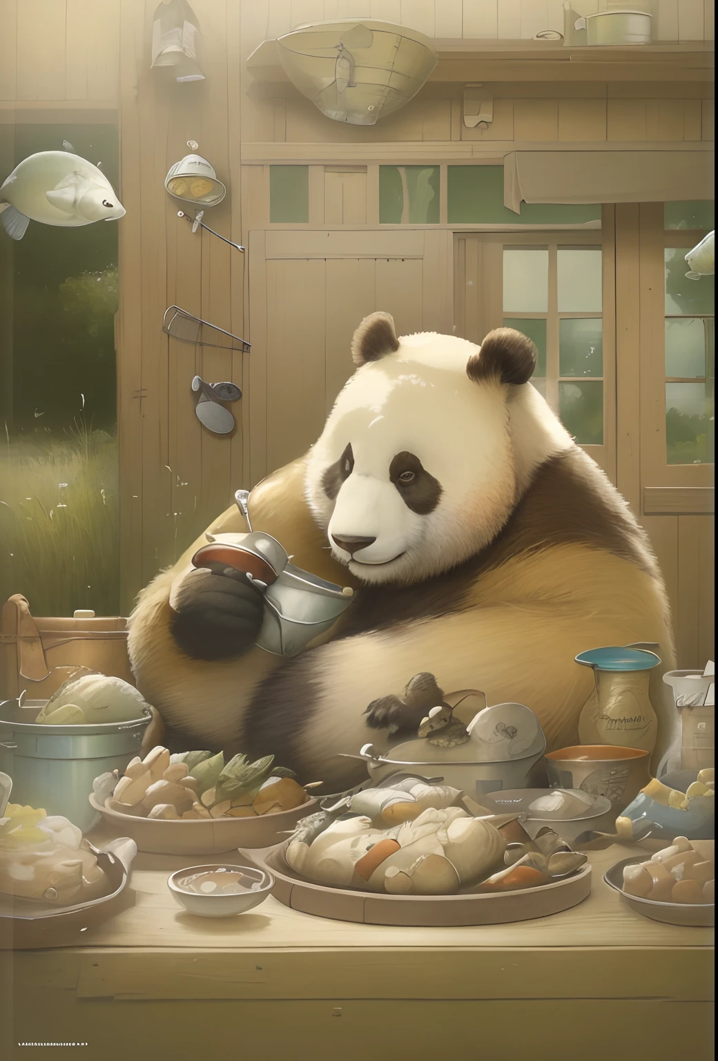 Jean-Baptiste Monge's painting of a large panda, Dressed in fishing boots with fishing tackle, On a summer day in a meadow a bucket of fish, , jean - baptiste monge, anthropomorphic --ar 2:3 --testp -optimistic;