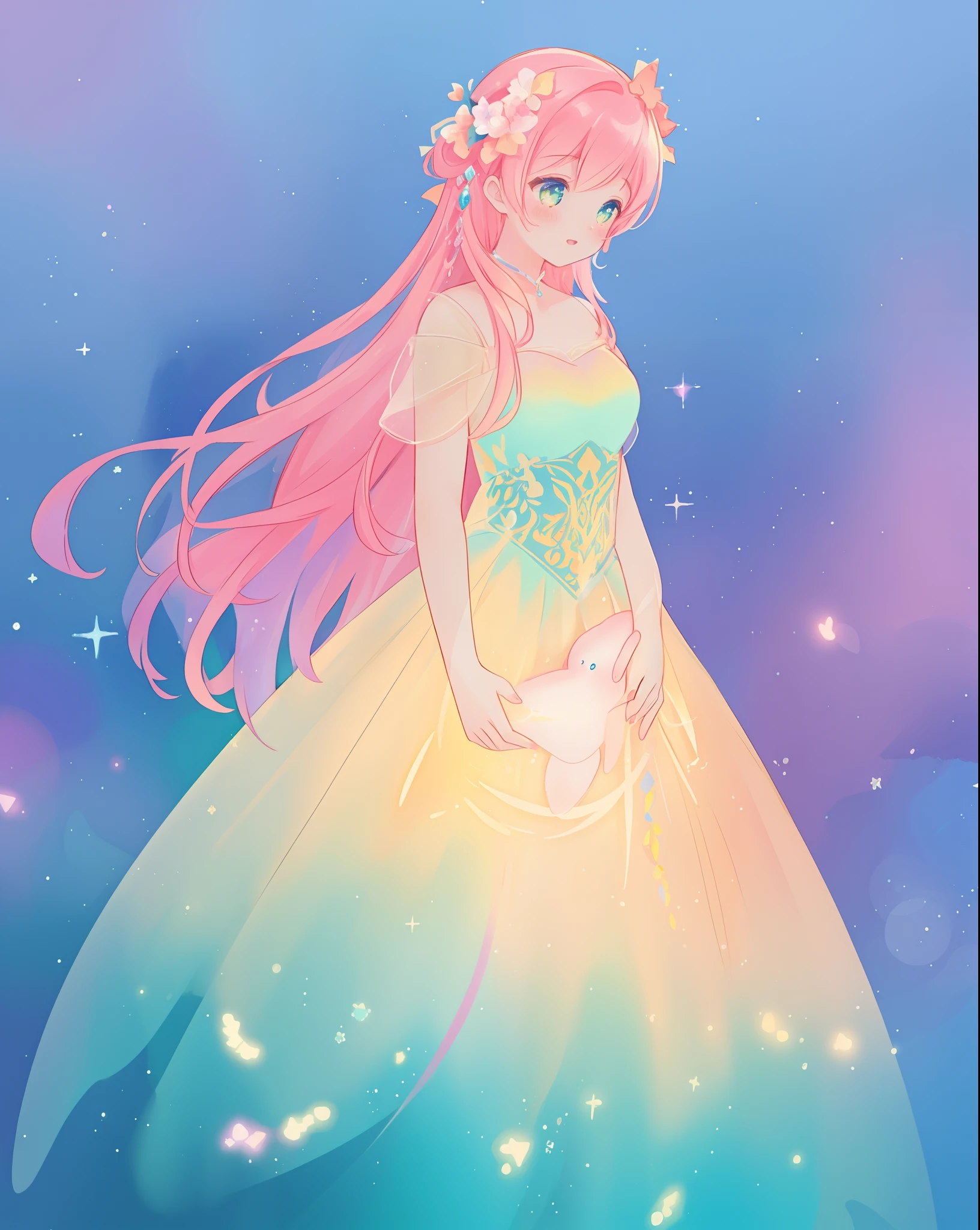 beautiful girl in sparkling gradient ballgown, long wavy peach pink hair, vibrant pastel colors, (colorful), colorful watercolor background, ethereal, magical lights, sparkling liquid light, inspired by Glen Keane, inspired by Lois van Baarle, disney art style, by Lois van Baarle, glowing aura around her, by Glen Keane, jen bartel, glowing lights! digital painting, flowing glowing hair, glowing flowing hair, beautiful digital illustration, fantasia background, whimsical, magical, fantasy, beautiful face, ((masterpiece, best quality)), intricate details, highly detailed, sharp focus, 8k resolution, sparkling detailed eyes, liquid watercolor