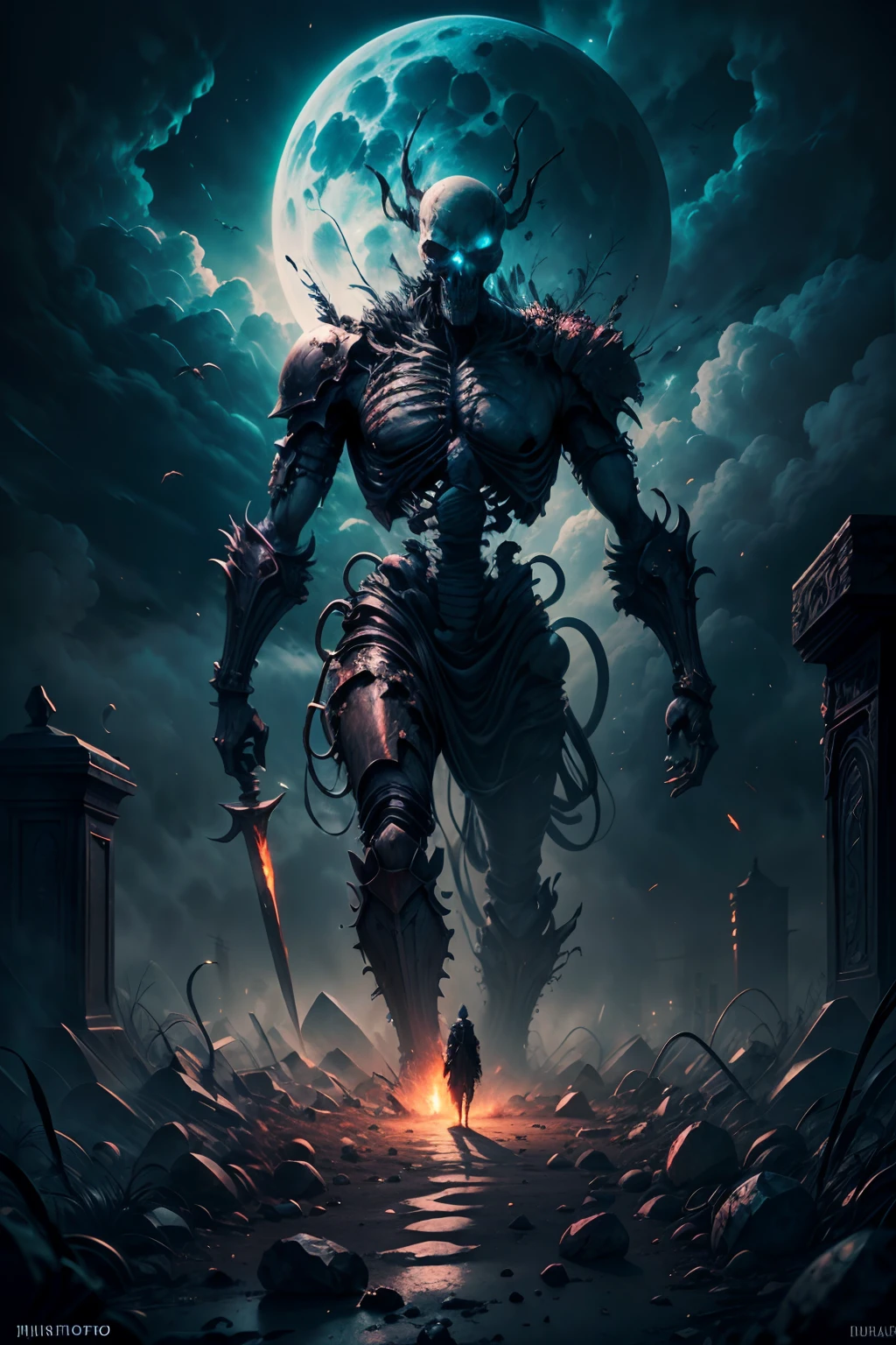 A skeleton knight rise from his grave, dragging with a rusted old long sword, detailed rusted old armor with some breaking parts, mythical glowing eyes, death aura, grave yard back ground, BREAK dark fantasy, horror, crows, distorted tree in the background, ashes and fog, night time, full moon, open skull, scary, looking extremely intimidated, rusted chain around his body, dirty, BREAK,Detailed,Realistic,4k highly detailed digital art,octane render, bioluminescent, BREAK 8K resolution concept art, realism,by Mappa studios,masterpiece,best quality,official art,illustration,ligne claire,(cool_color),perfect composition,absurdres, fantasy,focus