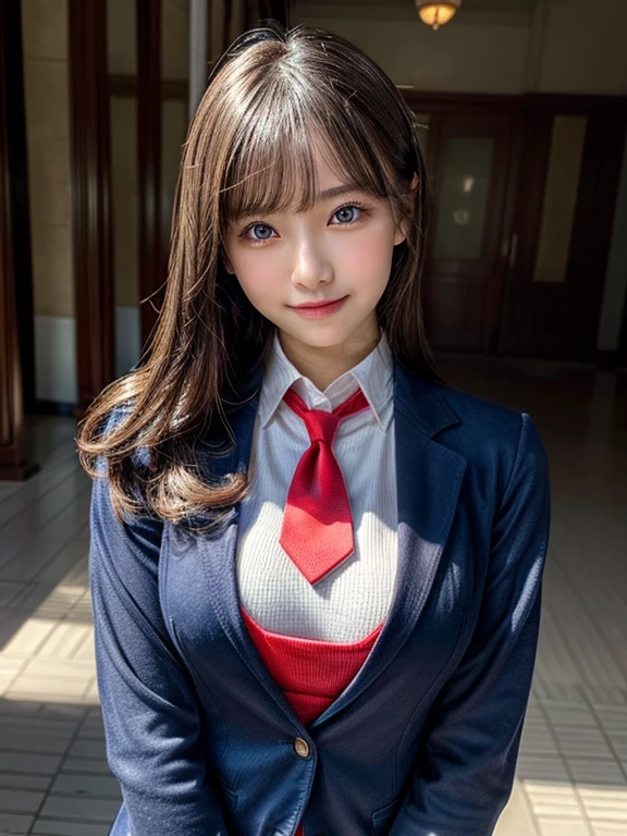 (masutepiece:1.3, Photorealsitic:1.4, 8K), top-quality, masterpiece, 超A high resolution, Perfect dynamic composition, Highly detailed skin and facial texture:1.3, A detailed eye, Detailed limbs, 1girl in, Cute sexy 17 year old slim woman, Fair skin, ((Sense of clarity:1.1)), ((Huge chest on the verge of bursting:1.0, Do not show areola)), (embarrassing smile:0.9, Totally captivates you:0.9), (High school girl blazer uniform with red tie:1.3), (Beautiful blue eyes, Eyes with a sense of beauty with a sense of transparency:0.85), Sexy face:0.4, red blush:1.1, (A mouthfeel that feels beautiful eros:0.85), Professional camera work, Grow Light Effect, ((FULL BODYSHOT)), ((Too erotic:0.9)), looking at viewert