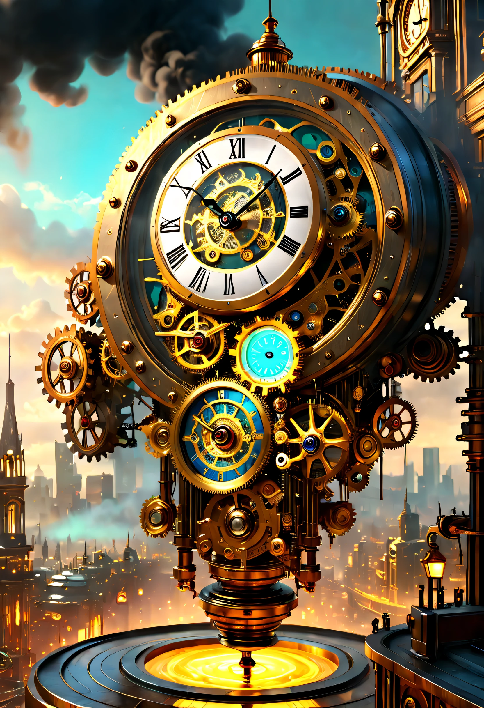 (Best quality,4K,8K,A high resolution,Masterpiece:1.2),Ultra-detailed,Realistic,(Mechanical clock:1.5),steampunc,Detailed gears and gears,shiny reflective surfaces,Dystopian cityscape background,Smoke and steam,Sharp focus,Vivid colors,Concept artist,colored lighting