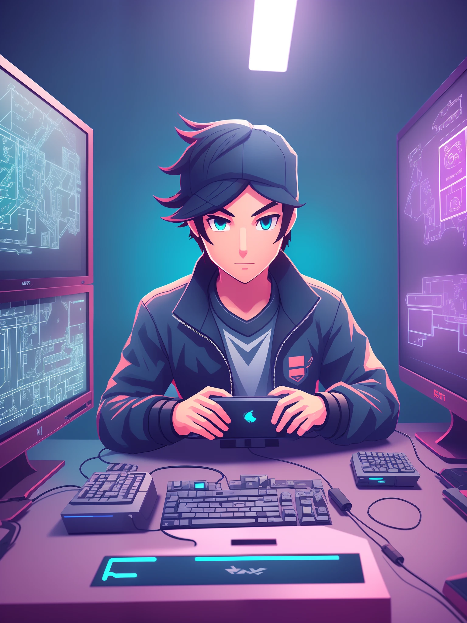 Avatar image for game developer boy who make games on pc in pixel style neon blue near image 8k --auto --s2
