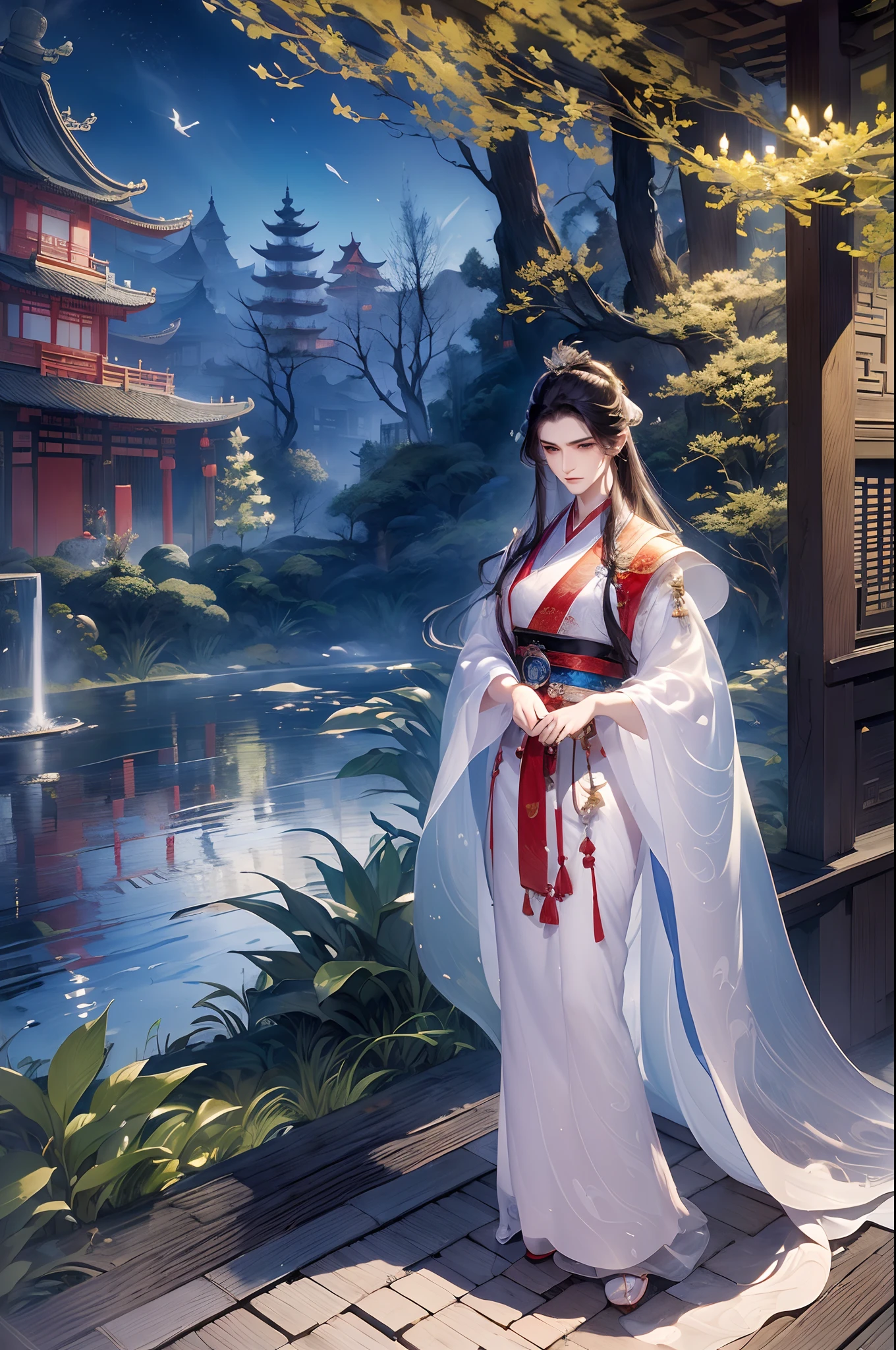 (Best quality,A high resolution,Clear image:1.2),Ultra-detailed background,Beautiful man standing，Chinese style clothes,,Garden scene,Under the moonlight,waterfallr，Crane，Romantic atmosphere,Dutch Angle Shot,Soft lighting,shelmet