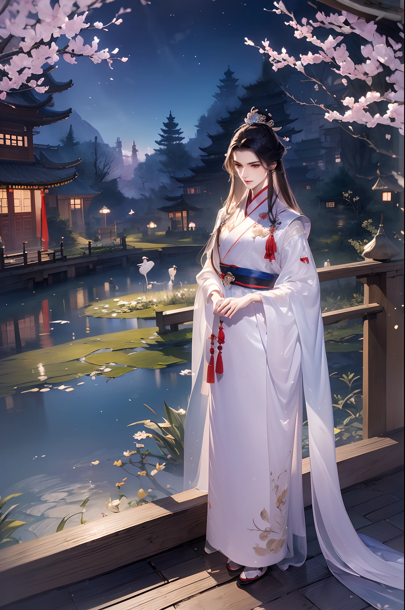 (Best quality,A high resolution,Clear image:1.2),Ultra-detailed background,Beautiful man standing,Chinese style clothes,,Garden scene,Under the moonlight,waterfallr,Crane,Romantic atmosphere,Dutch Angle Shot,Soft lighting,shelmet