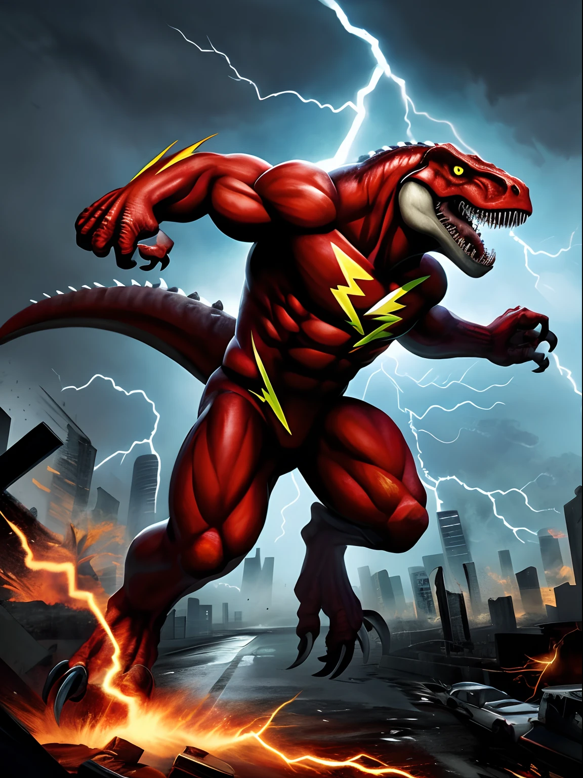 an image of an the flash is Tyrannosaurus Rex wearing mask , wearing the flash costum, thunder, roar, dramatic pose, run fast, runing pose, Jurassic reference, low lighting, hybrid, perfect composition, Digital painting, Professional, masterpiece, best quality, war, destroy city background, city war, 1 character, super detail, best finishing, fullbody, thunder around