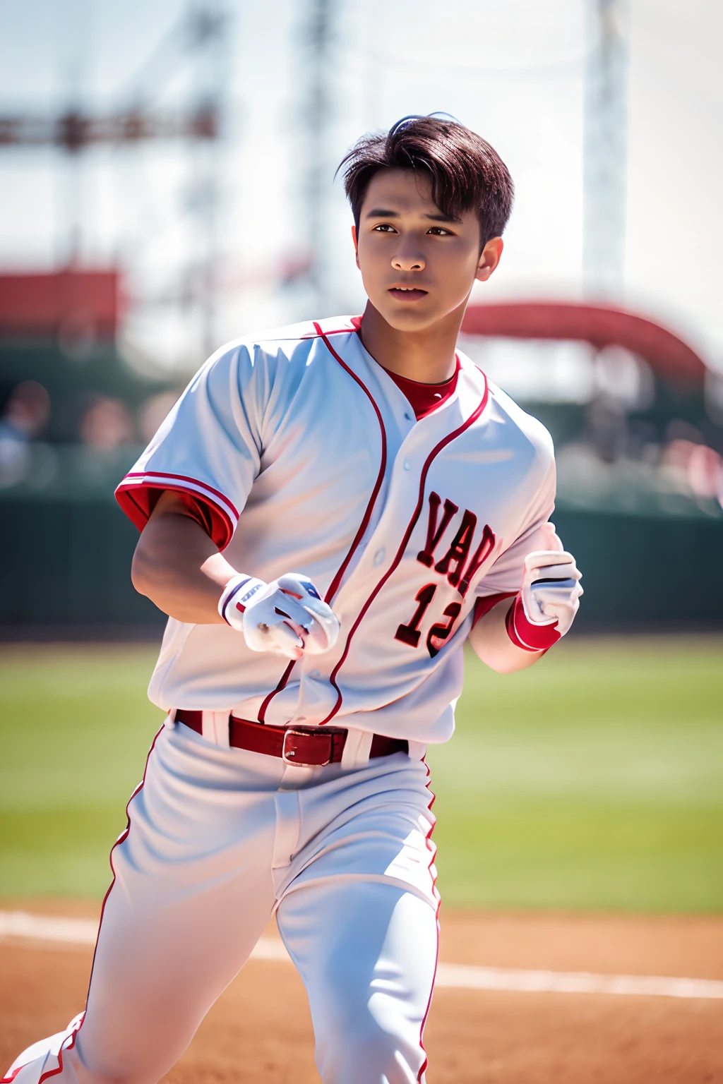 (masterpiece, best quality ), 1man, muscular, short hair, brown eyes, intricate, baseball field , full body, white baseball uniform, open red jacket, vivid colors,(depth of field:1.4),(abs), holding a basebat, dynamic pose, dappled sunlight,