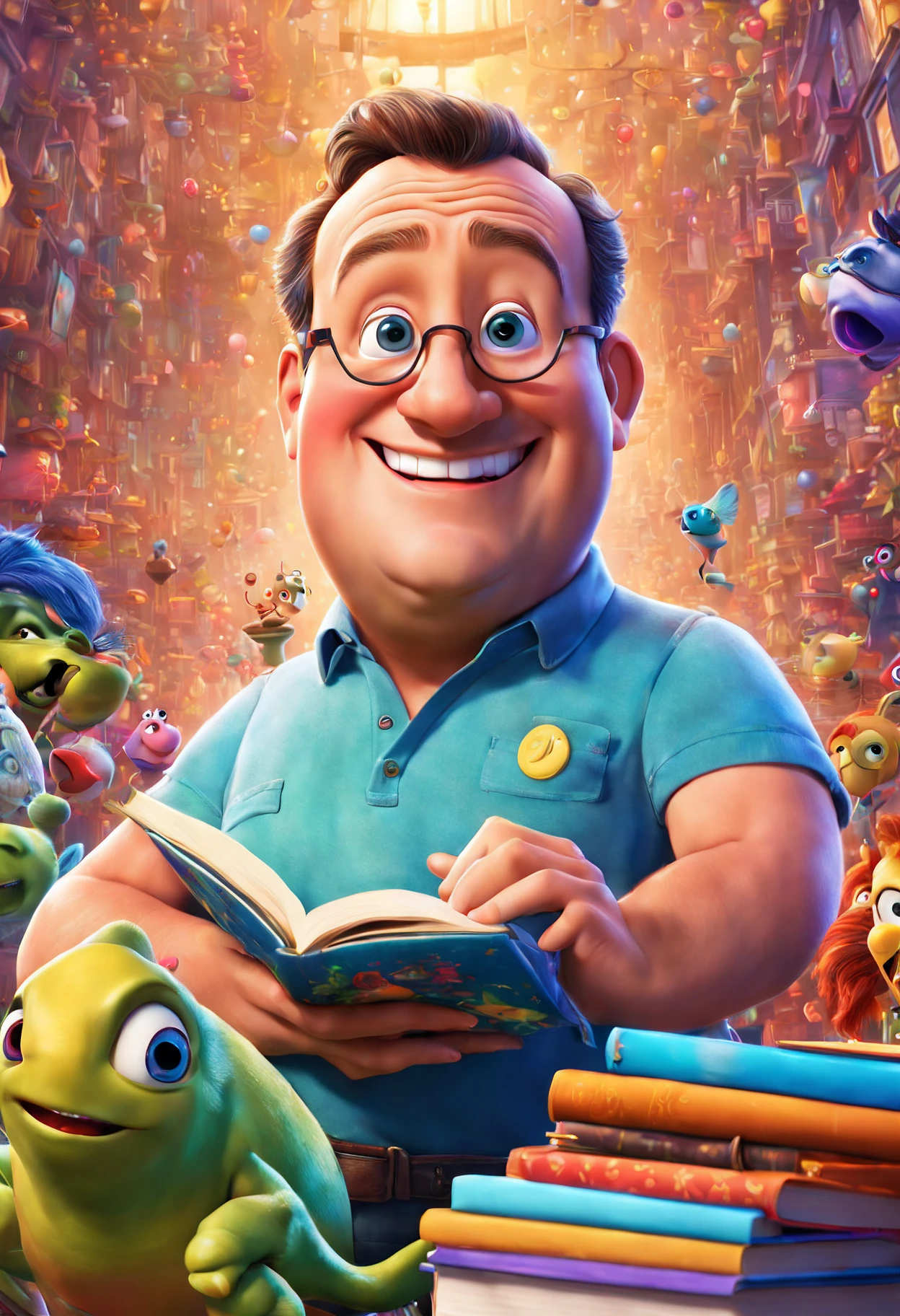 (bright and vibrant colors), (highres), (realistic:1.37), Disney Pixar Movie poster, Kevin James, skinny, no muscle, 55 years old man, (beautiful detailed eyes:1.1), (beautiful detailed lips:1.1), smiling with a warm expression, (charming appearance:1.1), (professional lighting), (ultra-fine rendering), upper body shot, (expressive facial features:1.1), reading a book, (studying intently:1.1), surrounded by magical elements representing different Pixar movies, (dynamic composition), (whimsical details), (playful characters), vibrant background, filled with color and joy, (3D render), (fantastical art style), (nostalgic aesthetic), (attention to detail:1.1).