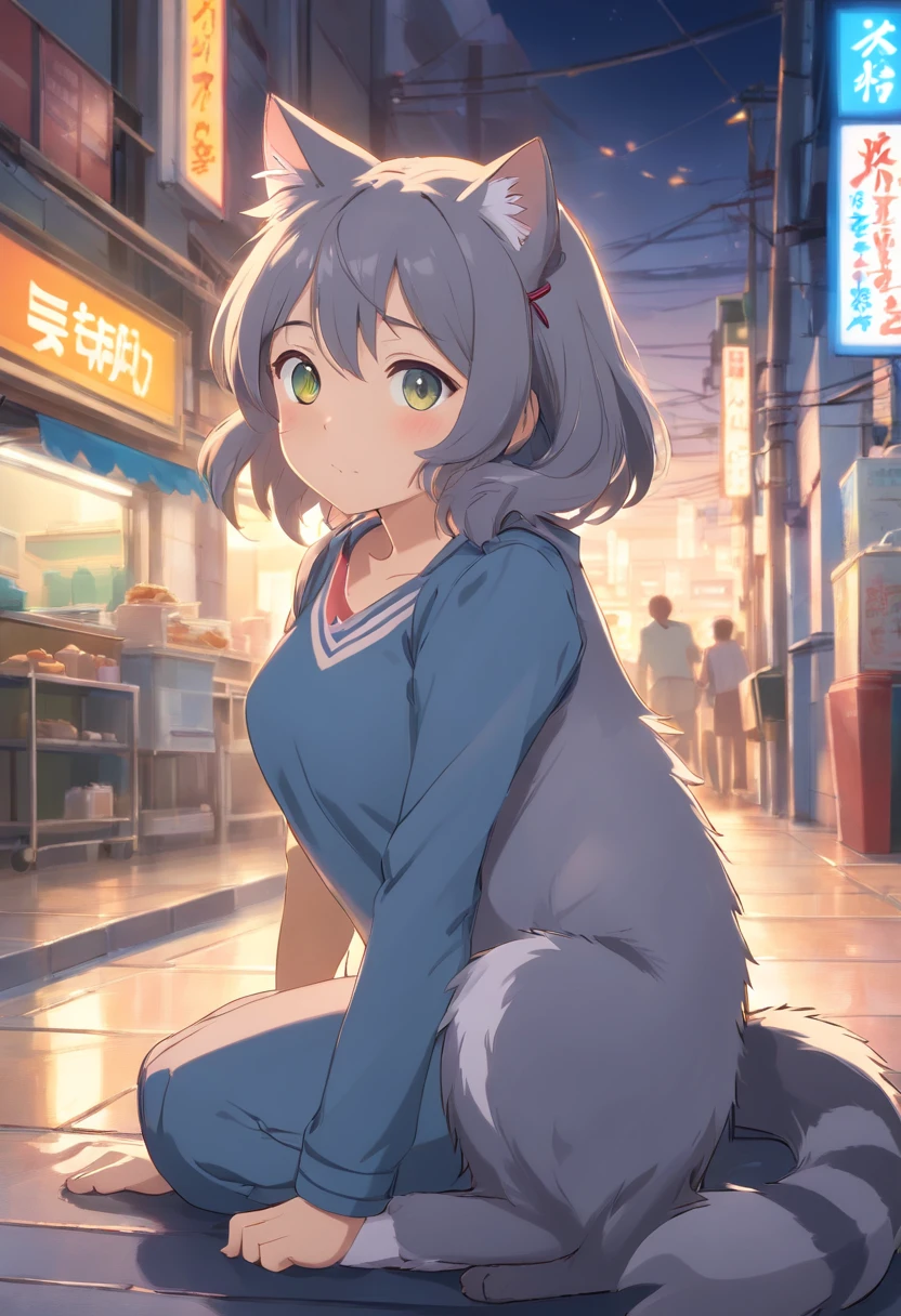 The gray-striped cat bows its head to eat