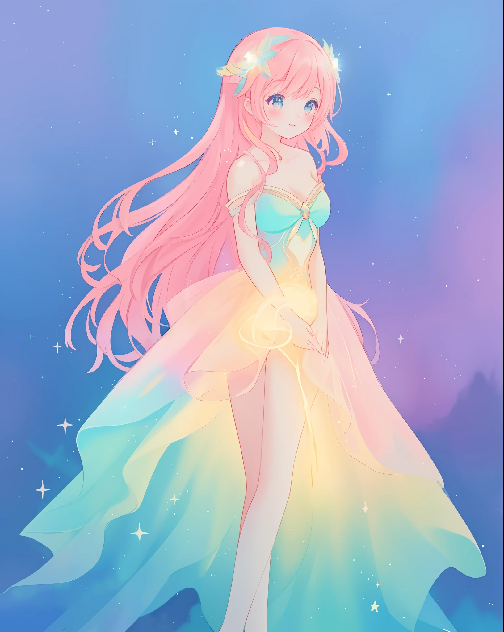 beautiful girl in sparkling gradient ballgown, long wavy peach pink hair, vibrant pastel colors, (colorful), colorful watercolor background, ethereal, magical lights, sparkling liquid light, inspired by Glen Keane, inspired by Lois van Baarle, disney art style, by Lois van Baarle, glowing aura around her, by Glen Keane, jen bartel, glowing lights! digital painting, flowing glowing hair, glowing flowing hair, beautiful digital illustration, fantasia background, whimsical, magical, fantasy, beautiful face, ((masterpiece, best quality)), intricate details, highly detailed, sharp focus, 8k resolution, sparkling detailed eyes, liquid watercolor