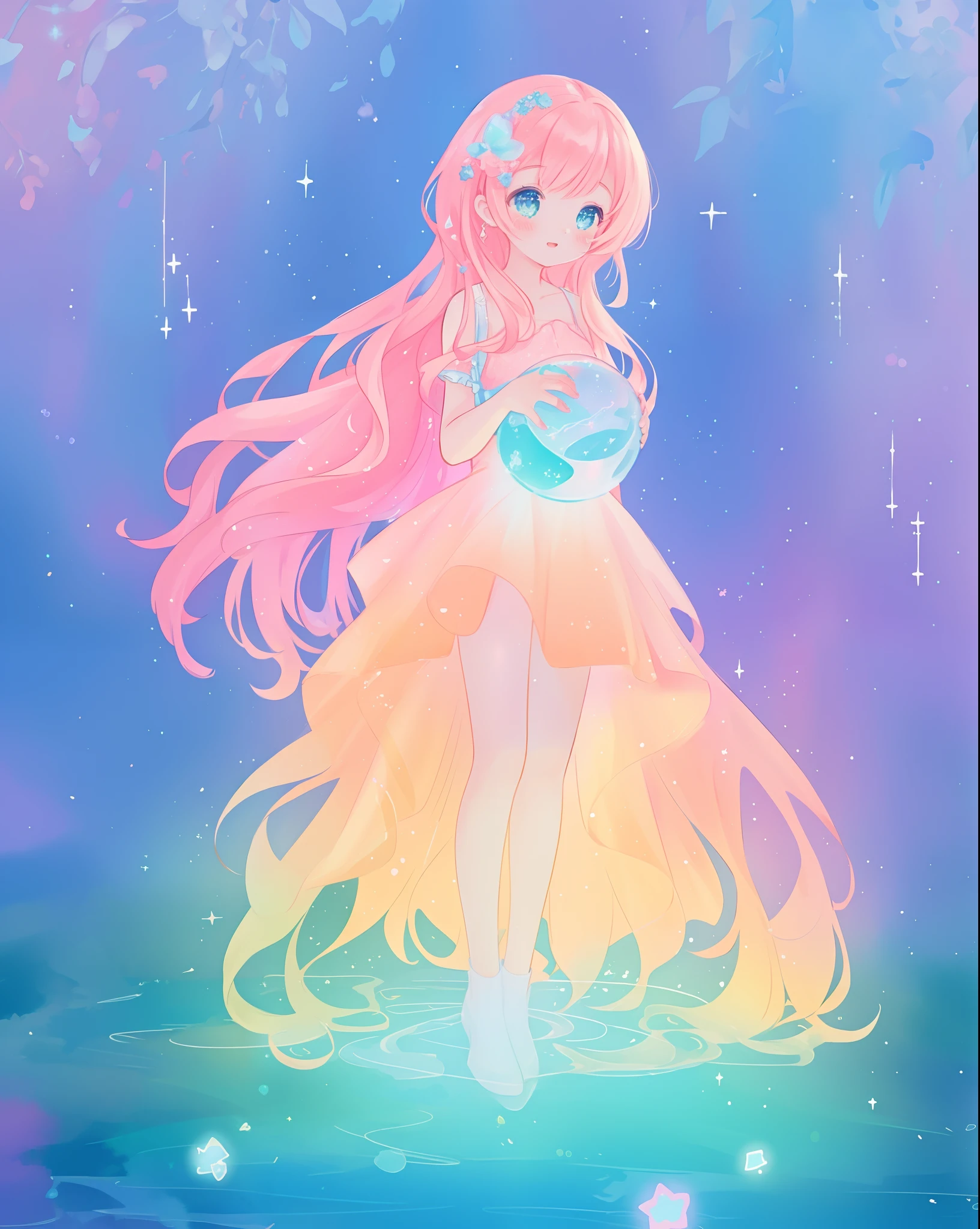 beautiful girl in sparkling gradient ballgown, long wavy peach pink hair, vibrant pastel colors, (colorful), colorful watercolor background, ethereal, magical lights, sparkling liquid light, inspired by Glen Keane, inspired by Lois van Baarle, disney art style, by Lois van Baarle, glowing aura around her, by Glen Keane, jen bartel, glowing lights! digital painting, flowing glowing hair, glowing flowing hair, beautiful digital illustration, fantasia background, whimsical, magical, fantasy, beautiful face, ((masterpiece, best quality)), intricate details, highly detailed, sharp focus, 8k resolution, sparkling detailed eyes, liquid watercolor