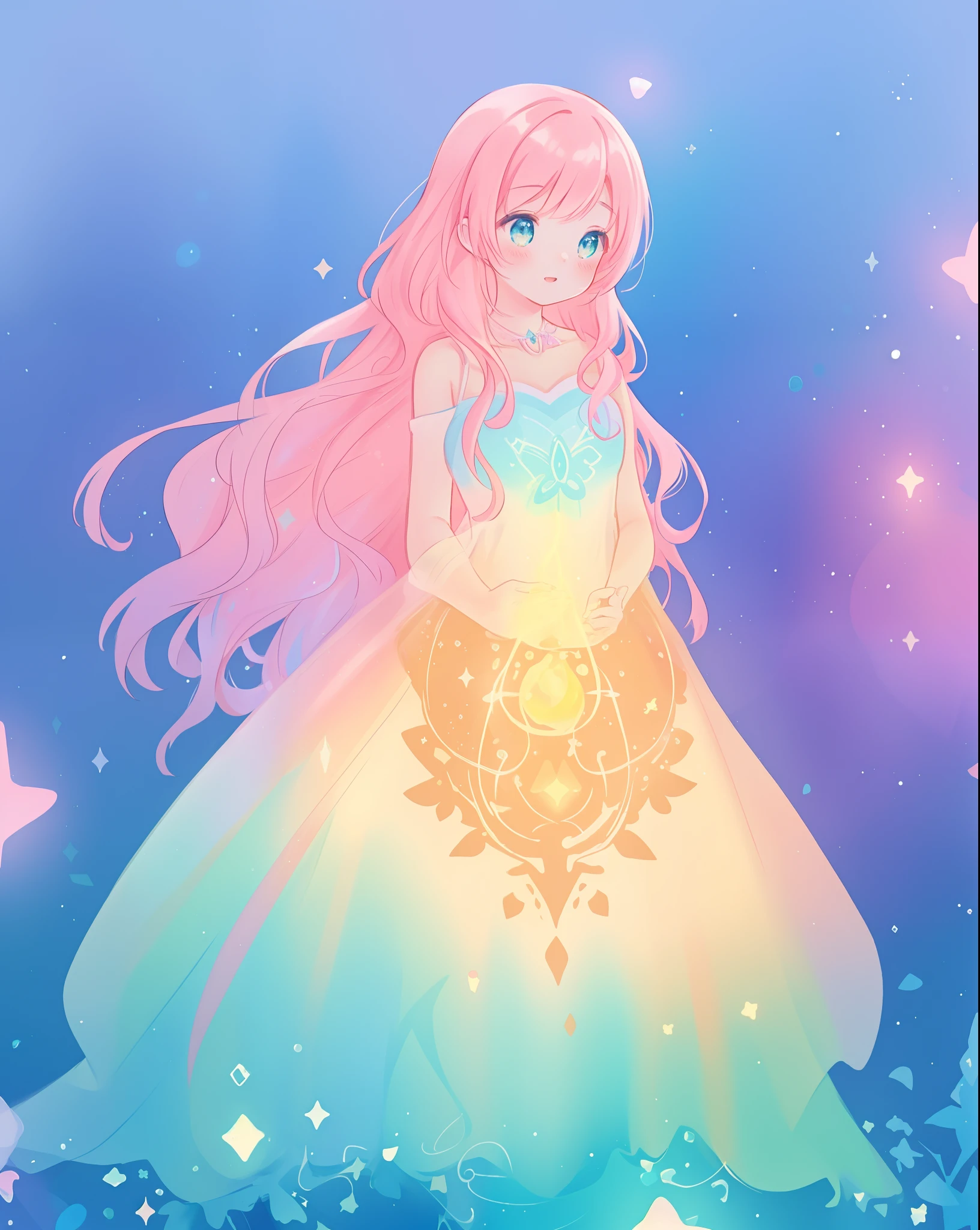 beautiful girl in sparkling gradient ballgown, long wavy peach pink hair, vibrant pastel colors, (colorful), colorful watercolor background, ethereal, magical lights, sparkling liquid light, inspired by Glen Keane, inspired by Lois van Baarle, disney art style, by Lois van Baarle, glowing aura around her, by Glen Keane, jen bartel, glowing lights! digital painting, flowing glowing hair, glowing flowing hair, beautiful digital illustration, fantasia background, whimsical, magical, fantasy, beautiful face, ((masterpiece, best quality)), intricate details, highly detailed, sharp focus, 8k resolution, sparkling detailed eyes, liquid watercolor