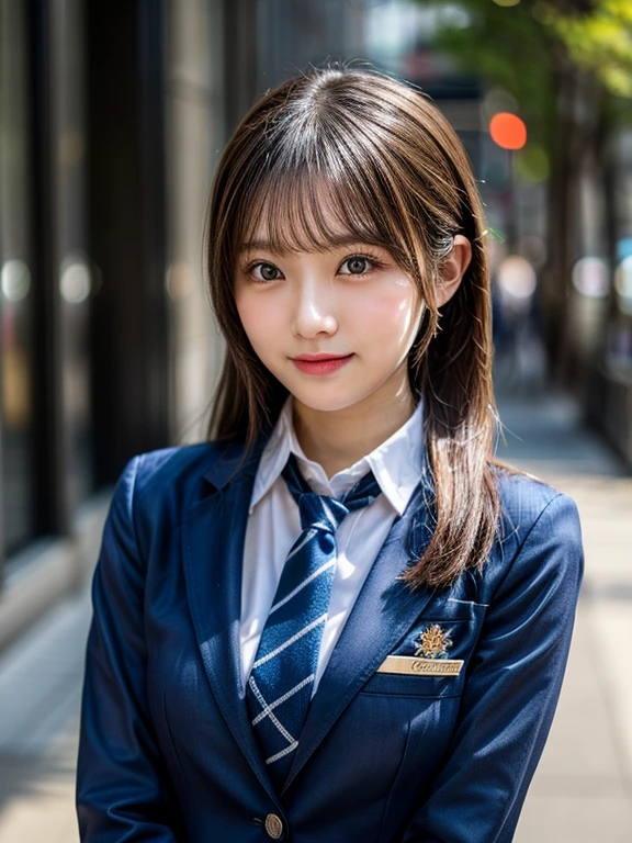 (masutepiece:1.3, Photorealsitic:1.4, 8K), top-quality, masterpiece, 超A high resolution, Perfect dynamic composition, Highly detailed skin and facial texture:1.3, A detailed eye, Detailed limbs, 1girl in, Cute sexy 17 year old slim woman, Fair skin, ((Sense of clarity:1.1)), ((Huge chest on the verge of bursting:1.0, Do not show areola)), (embarrassing smile:0.9, Totally captivates you:0.9), (Schoolgirl blazer uniform with blue tie:1.3), (Beautiful blue eyes, Eyes with a sense of beauty with a sense of transparency:0.85), Sexy face:0.4, red blush:1.1, (A mouthfeel that feels beautiful eros:0.85), Professional camera work, Grow Light Effect, ((sideshot)), ((Too erotic:0.9)), looking at viewert