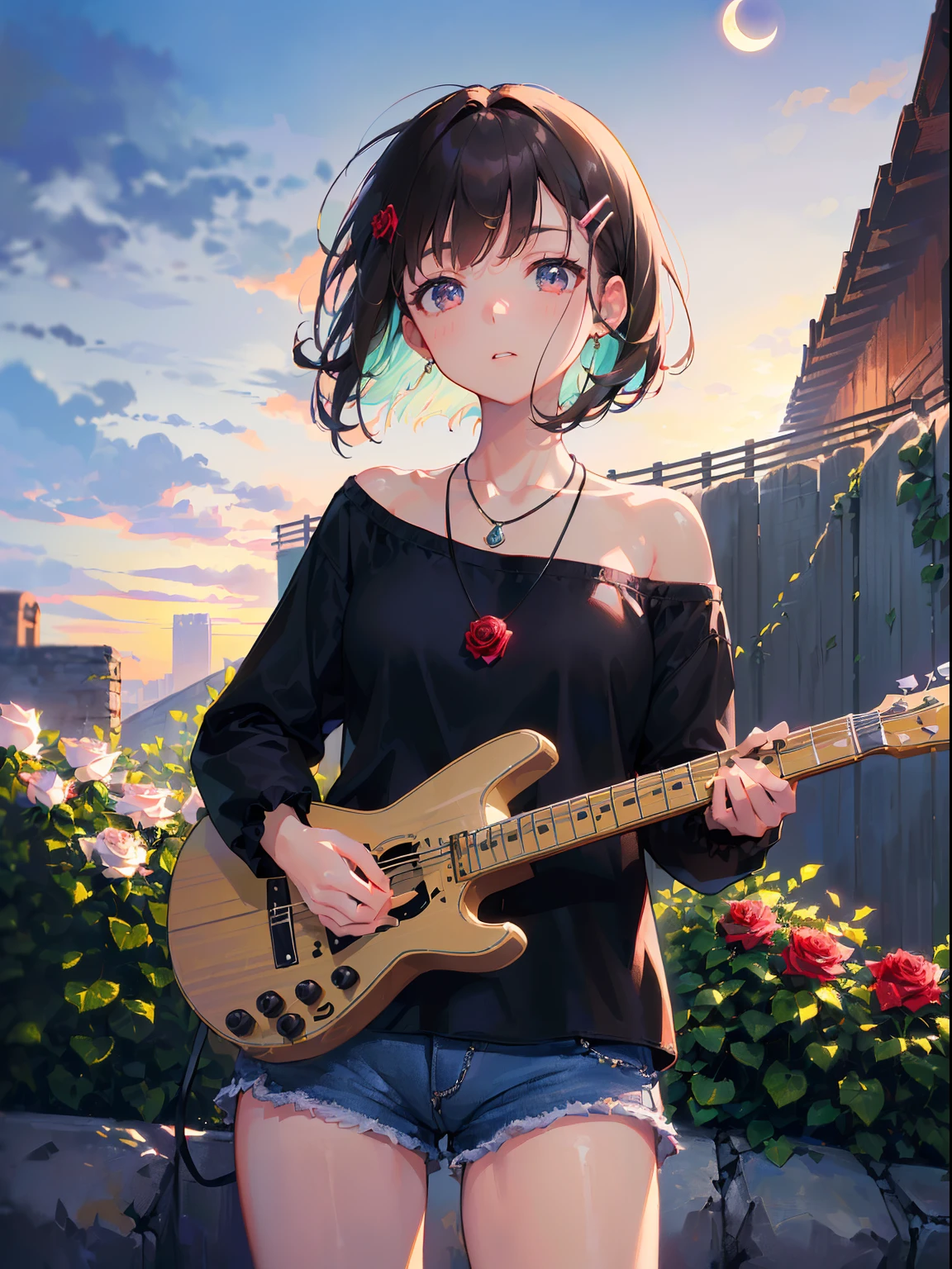 ((((Playing guitar,))))((Hands in pockets,))(Masterpiece illustration,Beautiful and aesthetic:1.2,Target the audience,From below), Best quality,Top quality, Epic quality,((((Fence wall，Rose,En plein air,))))(Moonlight,Moon glare, god light,))Neat face,underage,mature,Beautiful detailed hair，Brown hair，hyper HD, retinas, Textured skin, A high resolution, 16k ，((hair pin,Steep bangs,side locks,Short hair,Large bow in hair)),Detailed face, 1JK, Lady,Solo, Perfect face, Very amazing girl,((cropped shoulders,Long sleeves,Black T-shirt,frilld,Short shorts,Ruby necklace)),rim-light