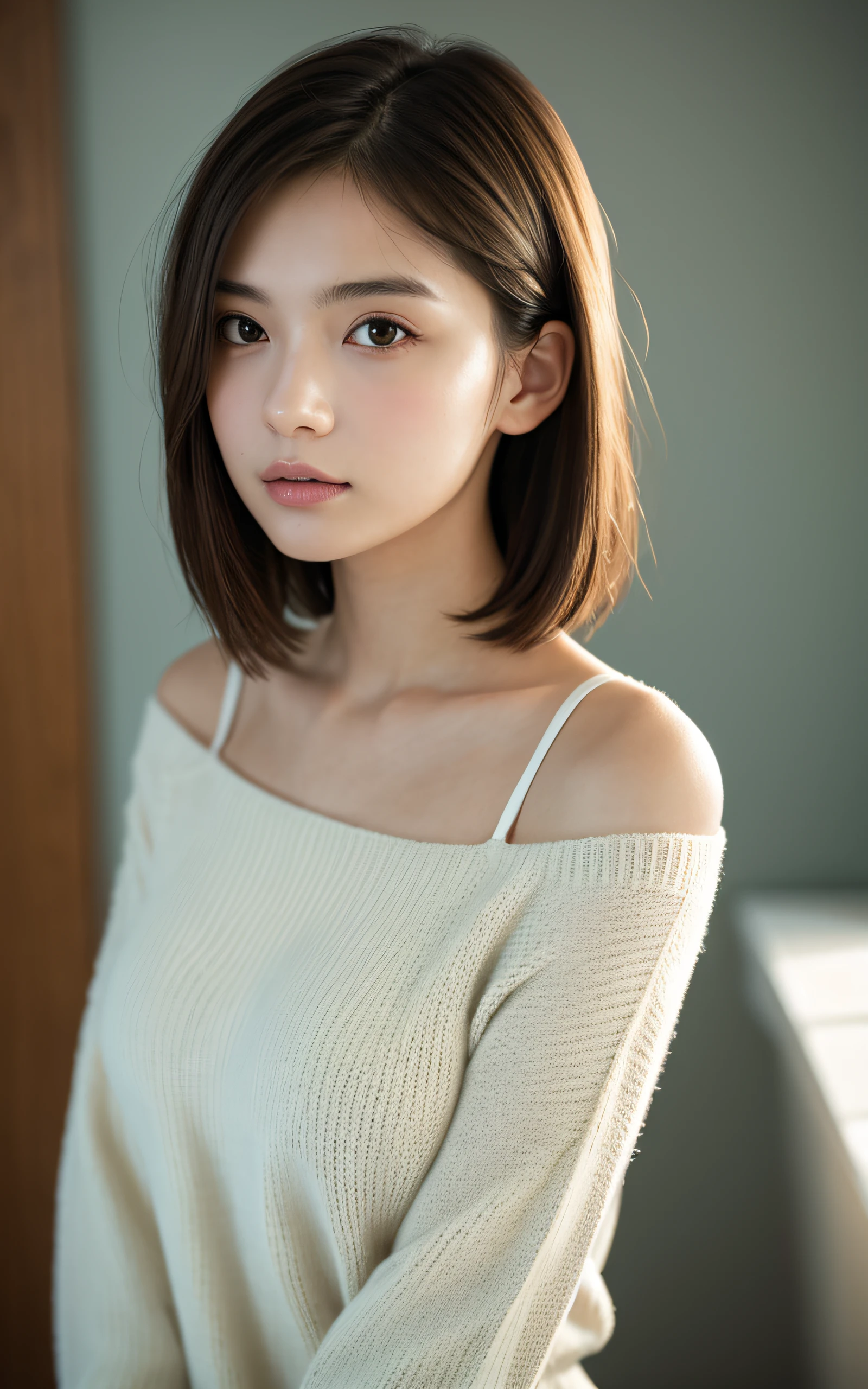 masterpiece, Best Quality, 8K, 20 yo, (Large breast:1.2), cuddly, Solo, sad, Cute, Girly, Delicate girl, Neat and clean beauty, Raw photo, Professional Photography, Portrait, Soft light, Professional Lighting, Back lighting, Upper body, Looking away, Sophisticated, Film grain, (Eyes and faces with detailed:1.0), short length floating hair, beautiful flowing hair, sweater,