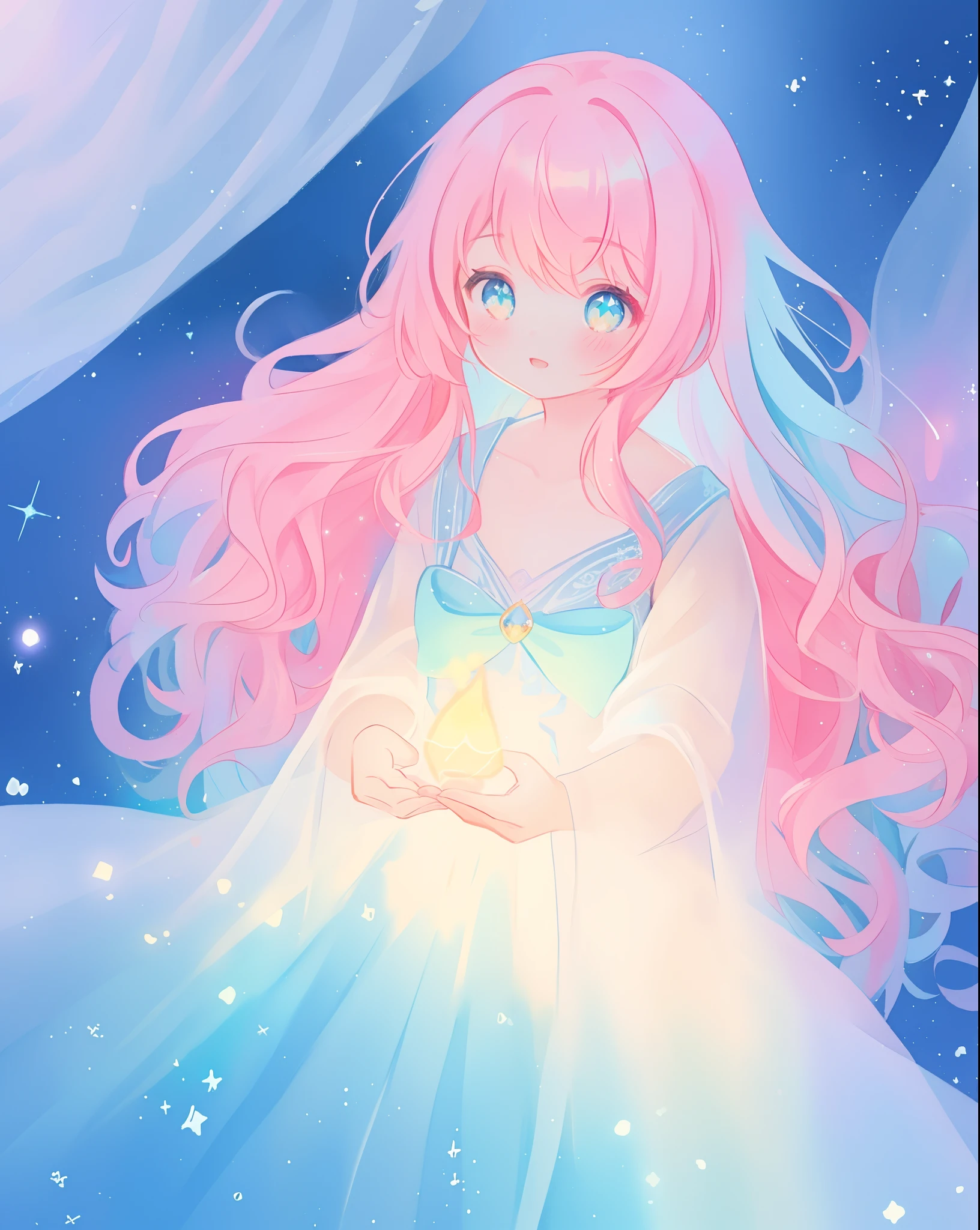 beautiful girl in sparkling gradient ballgown, long wavy peach pink hair, vibrant pastel colors, (colorful), colorful watercolor background, ethereal, magical lights, sparkling liquid light, inspired by Glen Keane, inspired by Lois van Baarle, disney art style, by Lois van Baarle, glowing aura around her, by Glen Keane, jen bartel, glowing lights! digital painting, flowing glowing hair, glowing flowing hair, beautiful digital illustration, fantasia background, whimsical, magical, fantasy, beautiful face, ((masterpiece, best quality)), intricate details, highly detailed, sharp focus, 8k resolution, sparkling detailed eyes, liquid watercolor
