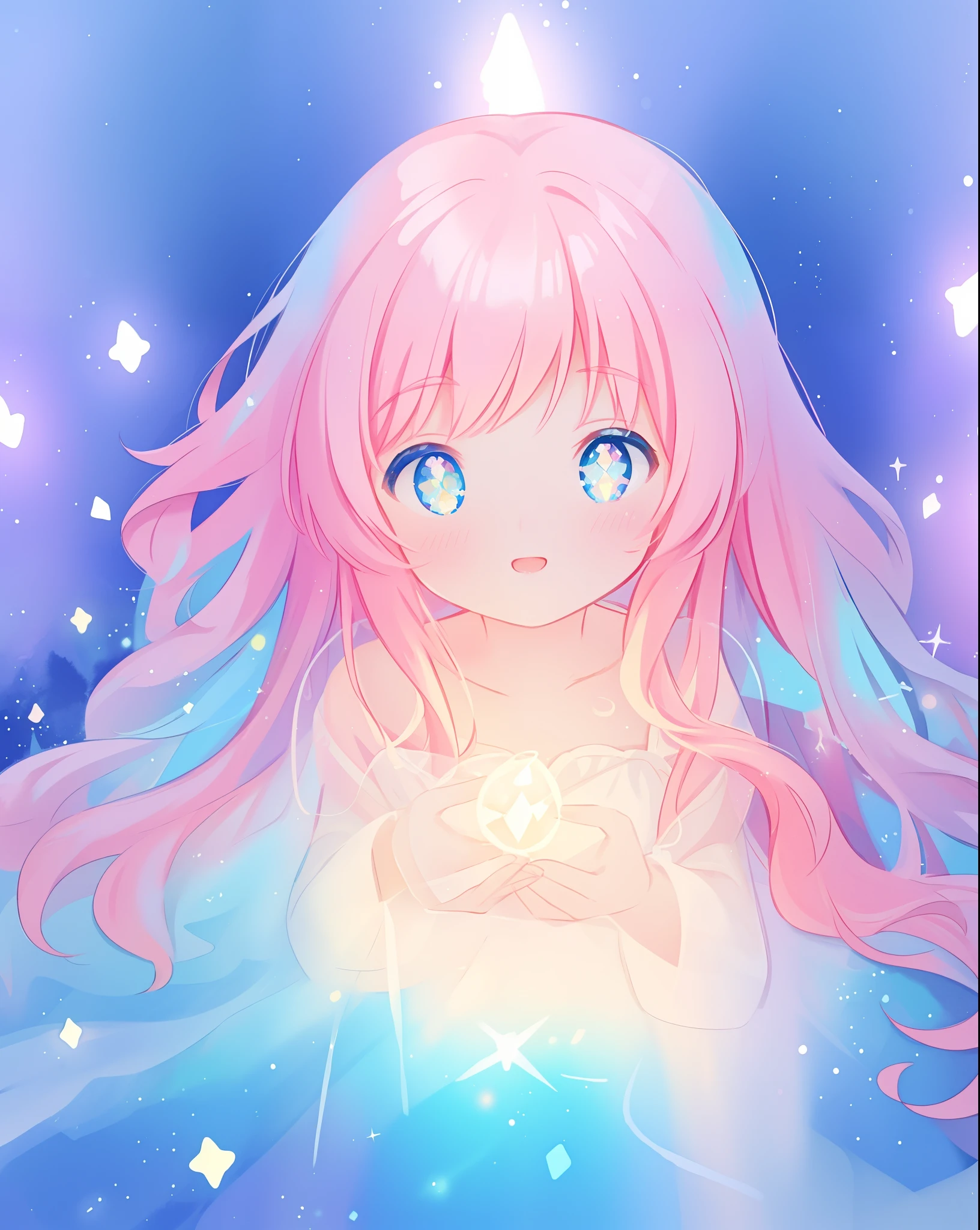 beautiful girl in sparkling gradient ballgown, long wavy peach pink hair, vibrant pastel colors, (colorful), colorful watercolor background, ethereal, magical lights, sparkling liquid light, inspired by Glen Keane, inspired by Lois van Baarle, disney art style, by Lois van Baarle, glowing aura around her, by Glen Keane, jen bartel, glowing lights! digital painting, flowing glowing hair, glowing flowing hair, beautiful digital illustration, fantasia background, whimsical, magical, fantasy, beautiful face, ((masterpiece, best quality)), intricate details, highly detailed, sharp focus, 8k resolution, sparkling detailed eyes, liquid watercolor