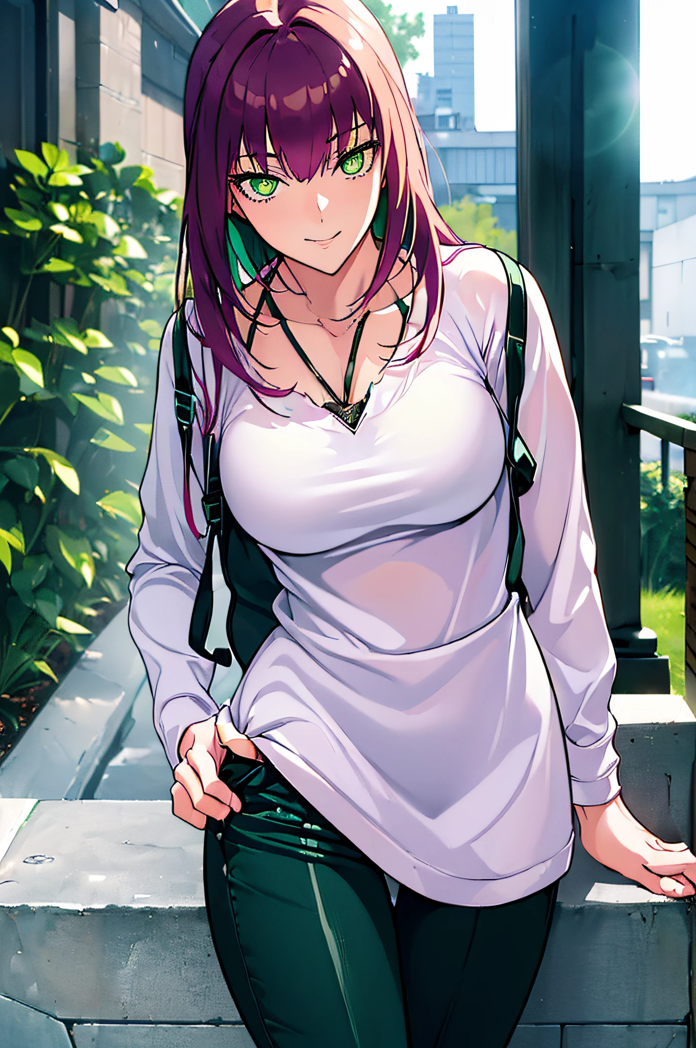 Makima (chain saw man),Sukasaha (Fate),kafka(collapse:Starrail),Hi-Res,((masterpiece)),(((top-quality))),((ultra-detailliert)),(A hyper-realistic),(highly detailed CGillustration),(extremely delicate and beautiful),top-quality,Realistic skin feeling,Realistic fabric,Realistic texture,beautiful thigh,big breasts thin waist,(((masutepiece))), (((Best Quality))),(top-quality、8K、32K、masterpiece、nffsw,beautiful alluring anime woman,ultra-definition,hight resolution,a hyperrealistic schoolgirl,masuter piece, Best Quality, High quality, High Definition, high quality texture, high quality shadow, high detailing,finely detail,1girl in,Solo,Soio,tall,AS-Adult,Mature atmosphere,Leg length,neat and long legs,171cm,stature:171cm,Mature girls,Reddish-purple hair,Purple hair,silky and smooth hair,Colorful hair,Straight hair,Smile,Smiling happily,lightsmile,Cute smile,Cute smile,Cool Beauty,Beautuful Women,Neat face, nffsw, 8K resolution, Beautiful legs, Beautiful realism,beautiful hairl,a necklace,Accessories with beads on the neck,A slight smil,Colorful eyes,green colored eyes,Jade-colored eyes,beautidful eyes,Bright eye,(((Delicat eyes))),Eyes Like Gems,Hanging eyes,(Green eyes:1.5),Seductive face,looking at the viewers,White hoodie with hood,JINS,Blue pants,during daytime,takeout,Building Street,hand bag,Cinematic,plein air,Beautiful lighting,captivating details,anime styled,Foody,parka,Private Clothing,Plain clothe