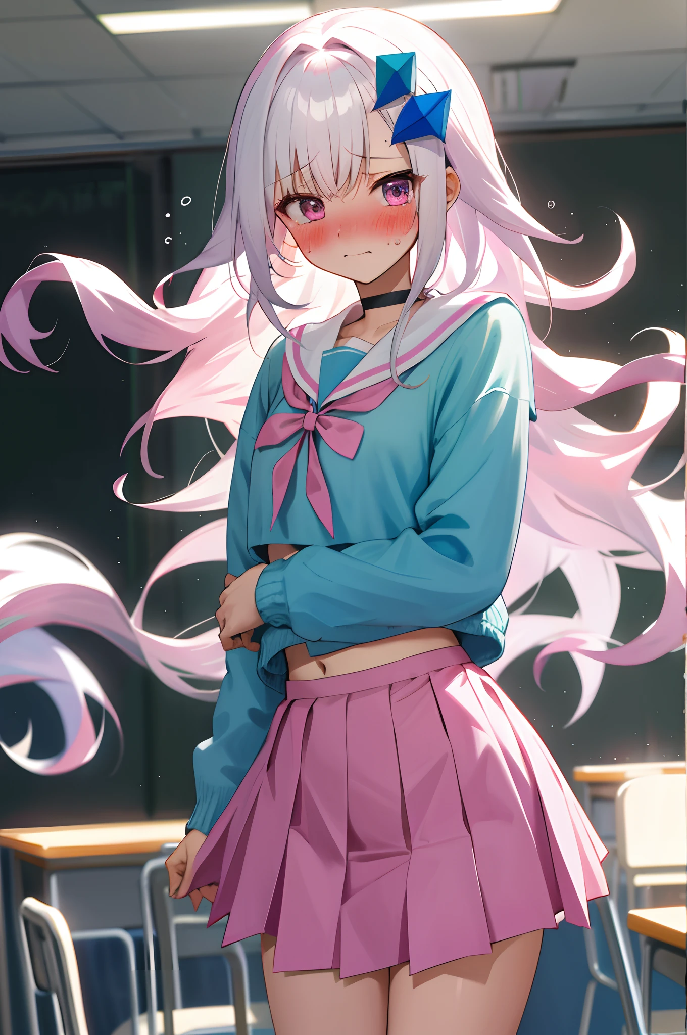 One girl with long wavy hair, white hair, looking at viewer, embarrassed, blushing, tears, indoor , classroom, light blue cardigan, pink sailor uniform, white shirts, pleated skirt , pink skirt, mini skirt, midriff, slim, dizzy, choker, mid-chest, wide hips, perfect waist, spread legs, day atmosphere, hair ornament, standing, (embarrassed:1.0)