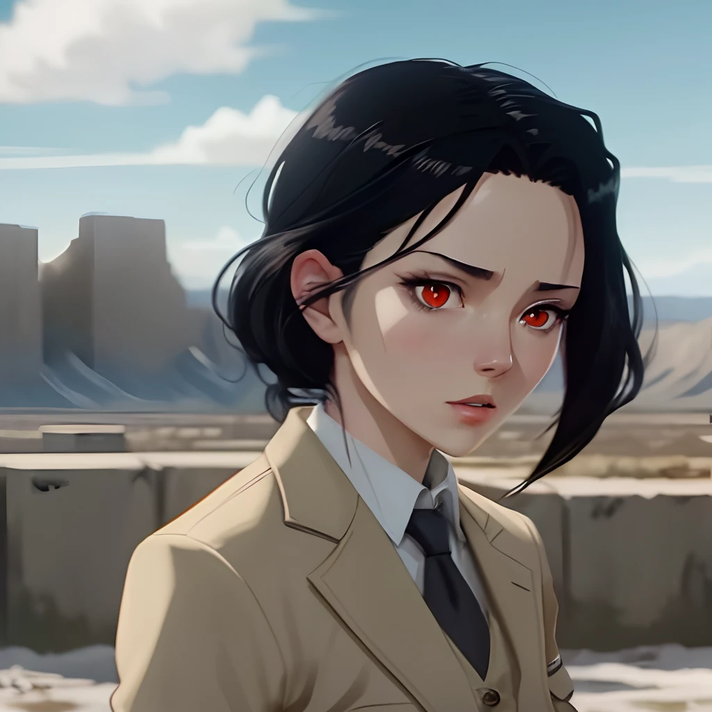 attack on titan screencap of a female with black hair and red eyes. Beautiful scenery behind her. She is wearing a suit. MAPPA, season 4