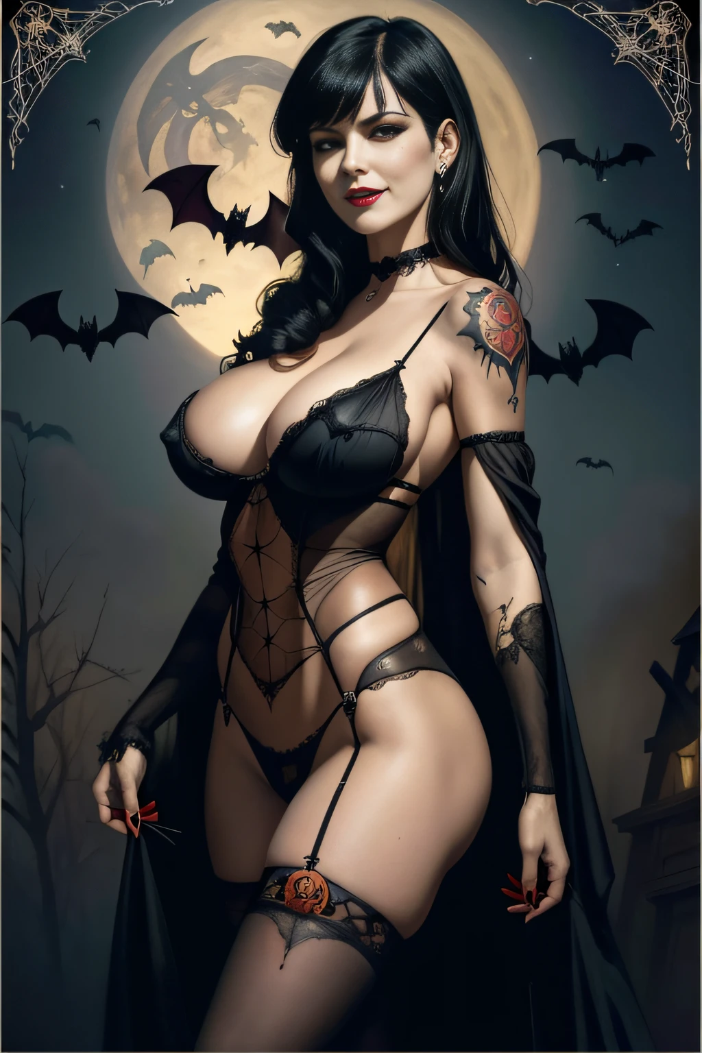 oil painting style by Edward Hopper, Vampirella Vintage Victorian era Halloween card with surrounding skulls and webs h.r. Geiger / borg Queen, oil painting, heavy strokes, / lovely smile / sexy milf woman  / skulls and spider webs / simple transparent lingerie / numerous evil and death tattoos / bats and night sky background /